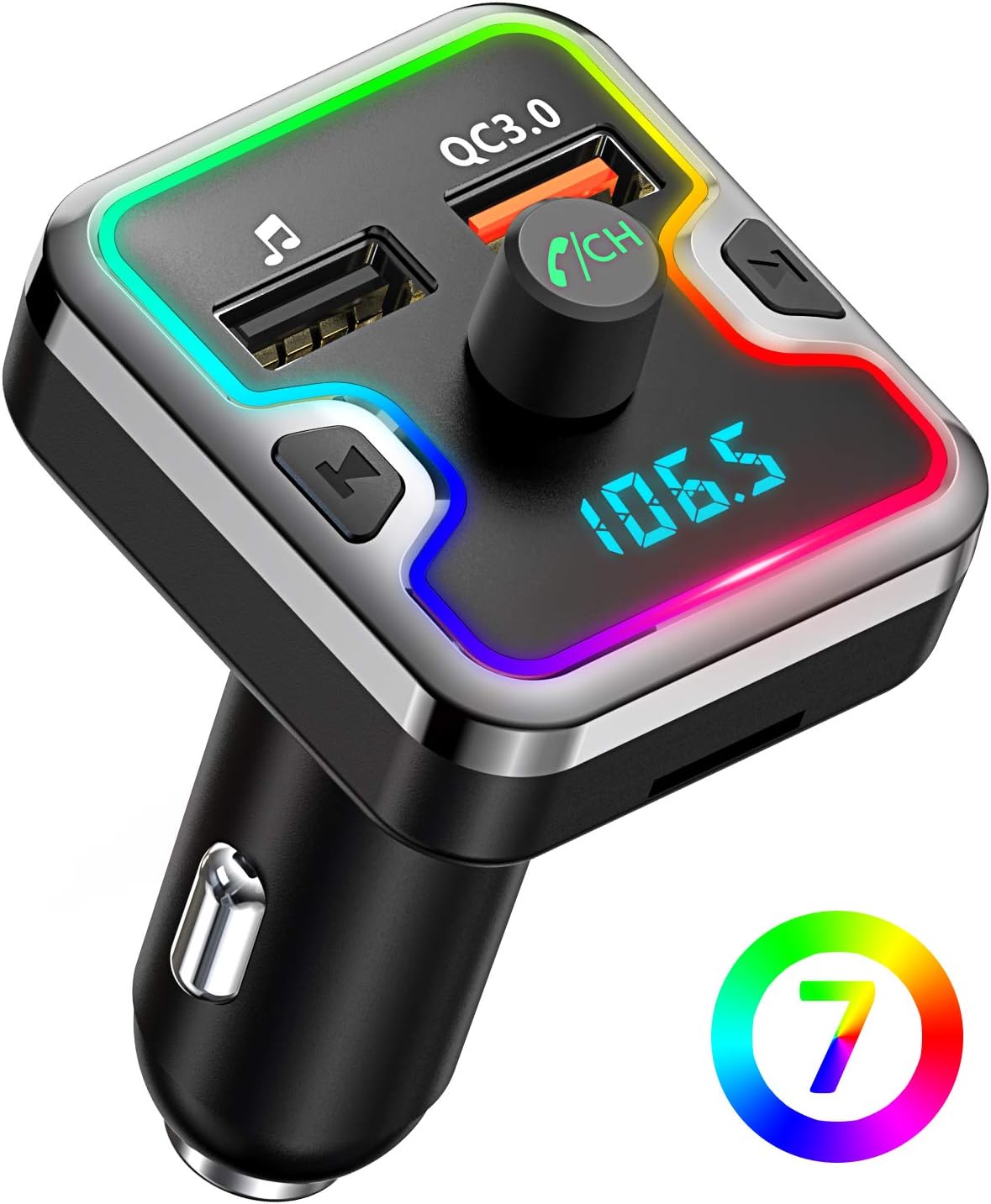 Bluetooth FM Transmitter for Car, Comsoon 7 Colors LED Backlit Bluetooth Car Adapter, Bluetooth Receiver Car Kit with Hands-Free Calling, QC3.0 Car Charger, Support USB Disk, microSD Card (Black)