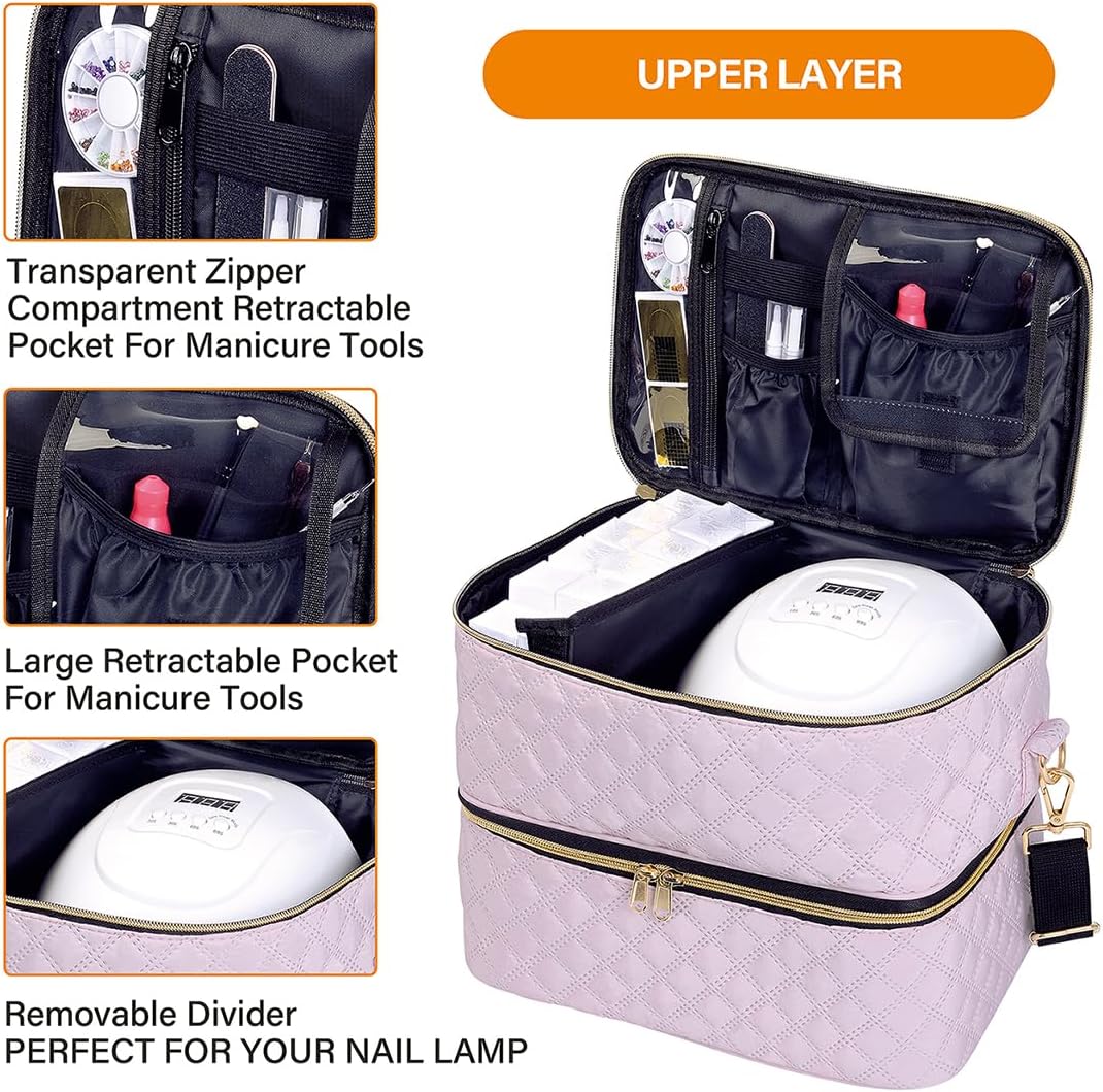 Nail Polish Organizer Case Holds 40 Bottles(15ml/0.5fl.oz) and Nail Lamp, Double Layer Nail Polish Storage with Adjustable Dividers,Portable Carrying Bag for Nail Kit, Manicure Tools Pink
