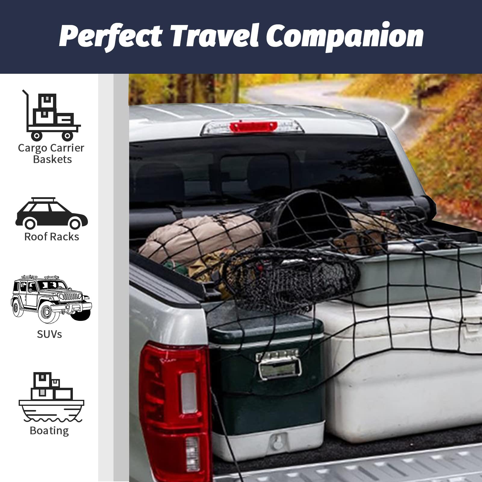 Red de carga para cama de camioneta de 3 x 4 pies que se estira hasta 6 x 8 pies, red de carga resistente de 12 mosquetones de clip sin enredos y 1 bolsa de almacenamiento pequeña de 4 x 4 pulgadas,