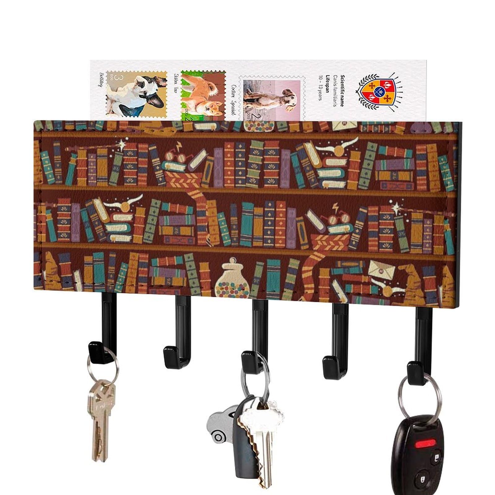NCLQVJXZKHW Bookshelf Key Holder with 5 Hooks Key Hooks Wall Mounted Key Racks Key Hanger Organiser Shelf