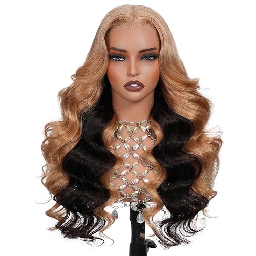 Human Hair Lace Front Wig, 13x6 Balayage Highlight Body Wave, 180% Density, Glueless HD Transparent Lace, Honey Blonde Brown 27/2 Highlight Frontal Wigs for Women (20inch)
