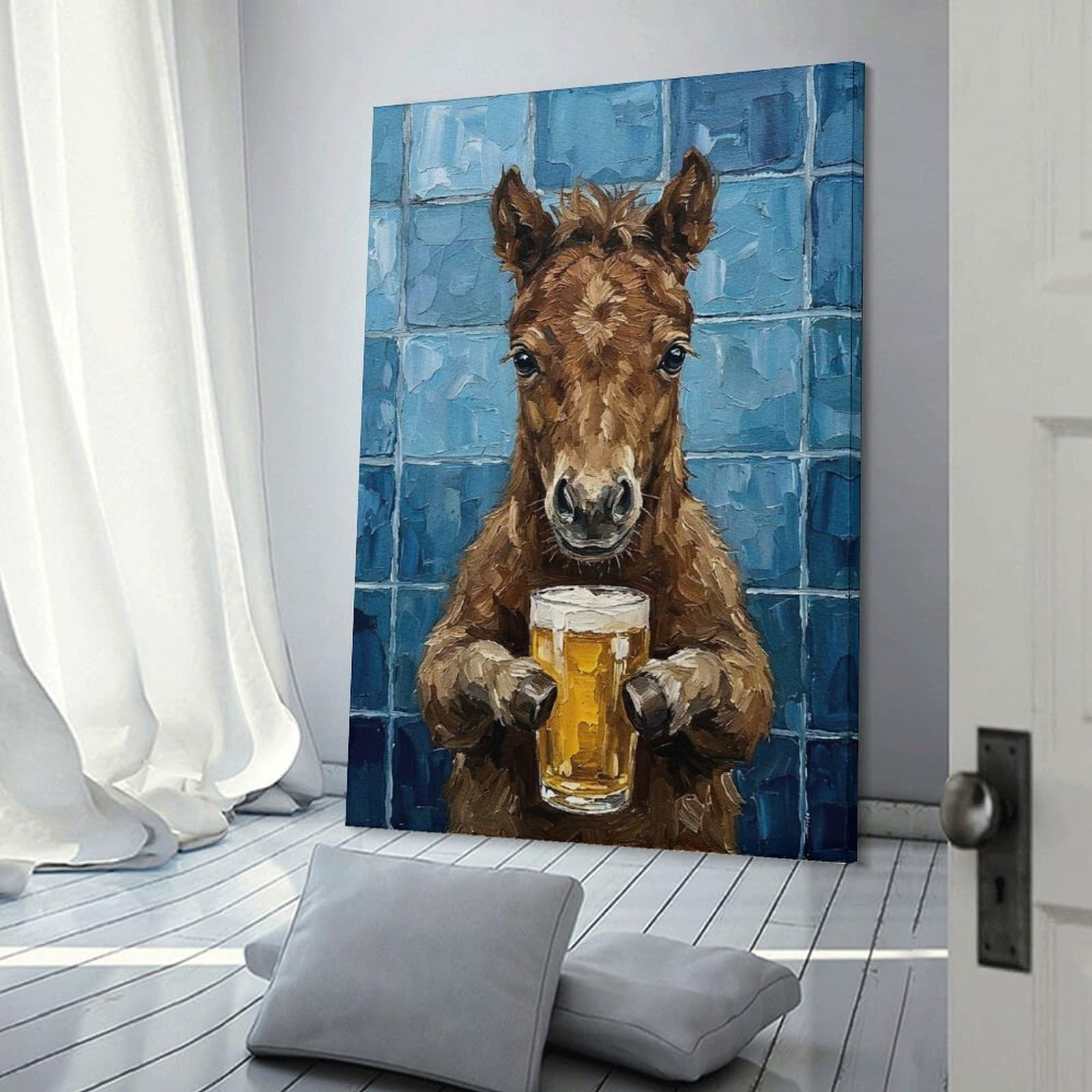 Junmoney Horse with Beer Painting Home Decor Wall Art 24x36inch(60x90cm), for Gallery Wall Layouts in Home Or Office, A Versatile Canvas Print for Layering