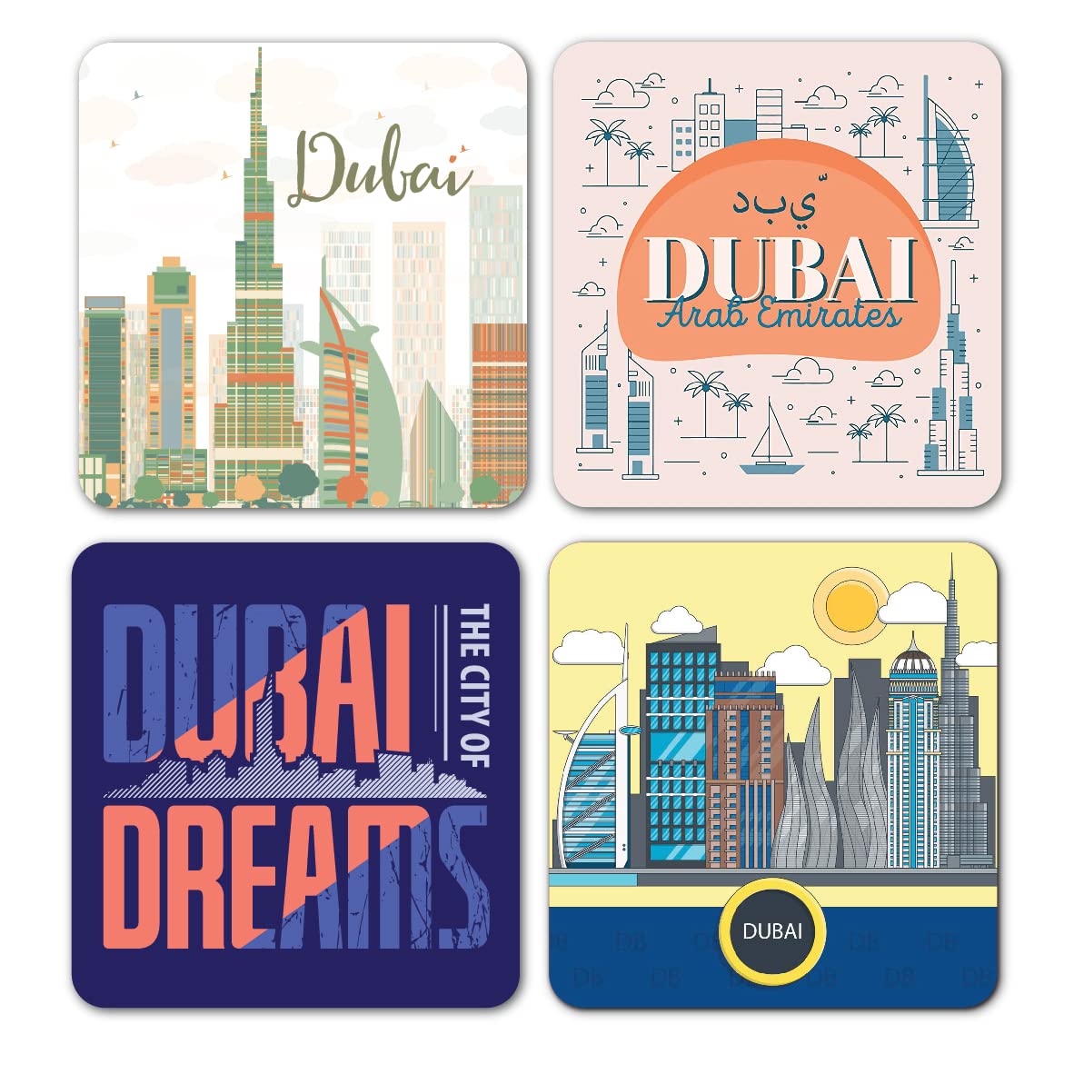 Dubai Fridge Magnet Souvenir/Gift/Refrigerator Door Decoration Kitchen Home/Stylish Wooden Printed Multicolor Fridge Magnet L x H 3 x 3 Inch Pack of 4