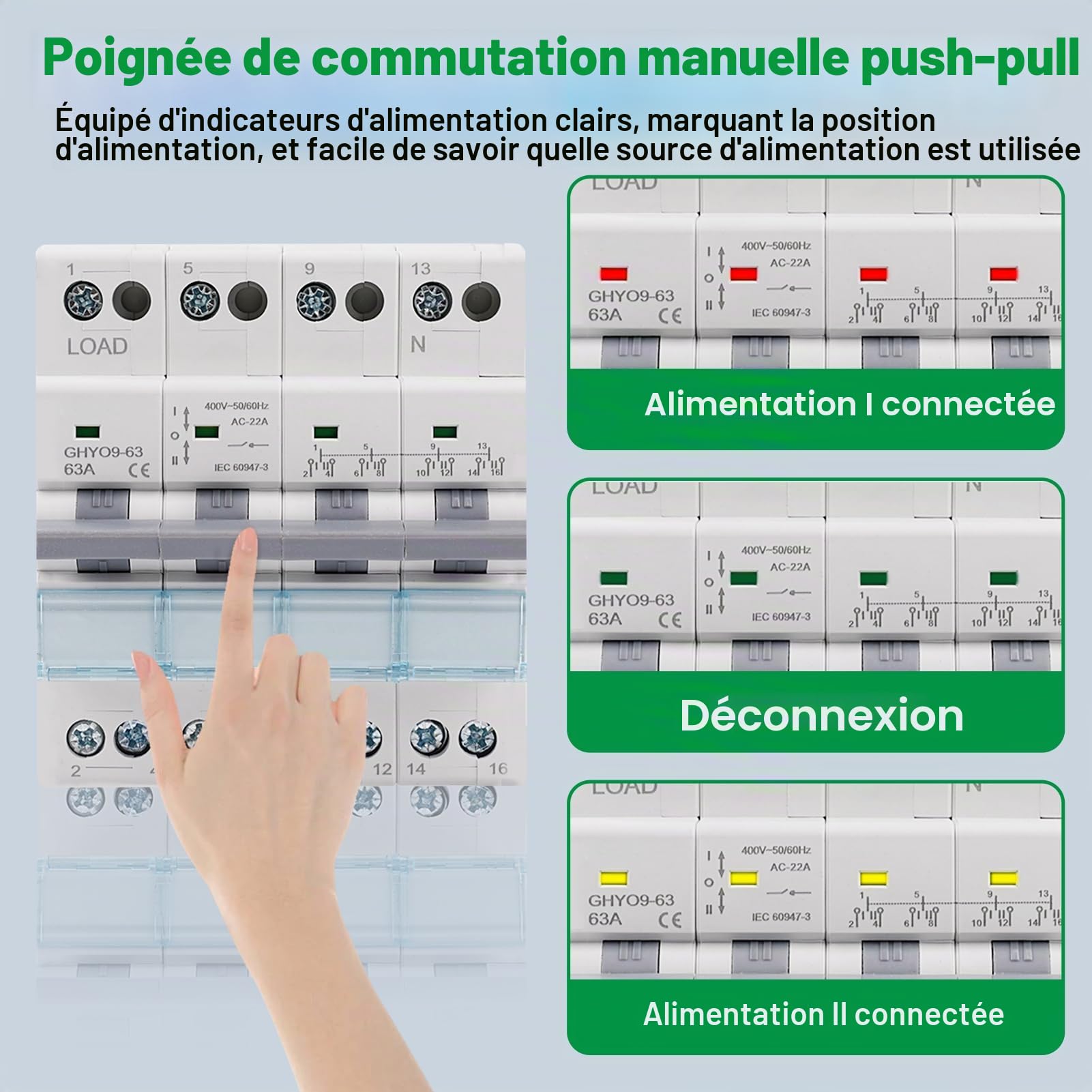 Commutateur de Transfert 4P 63A Inverseur de Source Manuel 400V AC Sectionneur Manuel Dual Power Rail DIN Commutateur Manuel