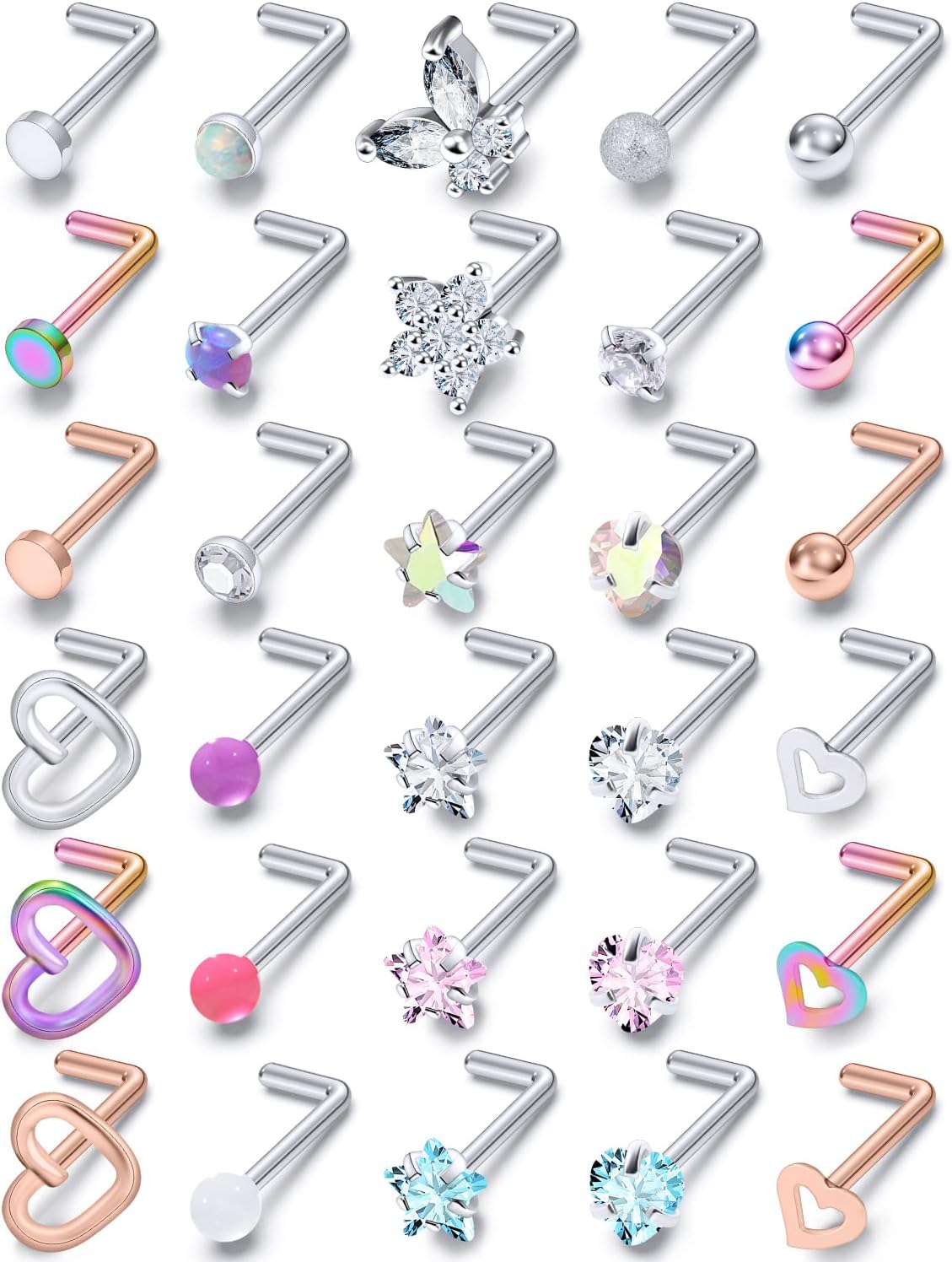 Prjndjw 20G 18G Nose Rings Studs Surgical Steel Nose Stud Glow Dark Heart Opal CZ Flower Nose Piercing Jewelry Nose Rings for Women Straight Screw L Shaped Nose Rings Hypoallergenic Nose Piercing Kit