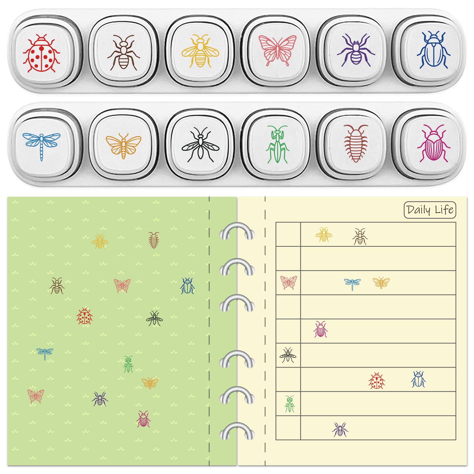 GLOBLELAND 12 Pcs 6-in-1 Insects Mini Stamp Set Mantises Beetles Moths Assorted Plastic Planner Stamps for Daily Journal to-Do List Scrapbooking and Teacher Grading Supplies
