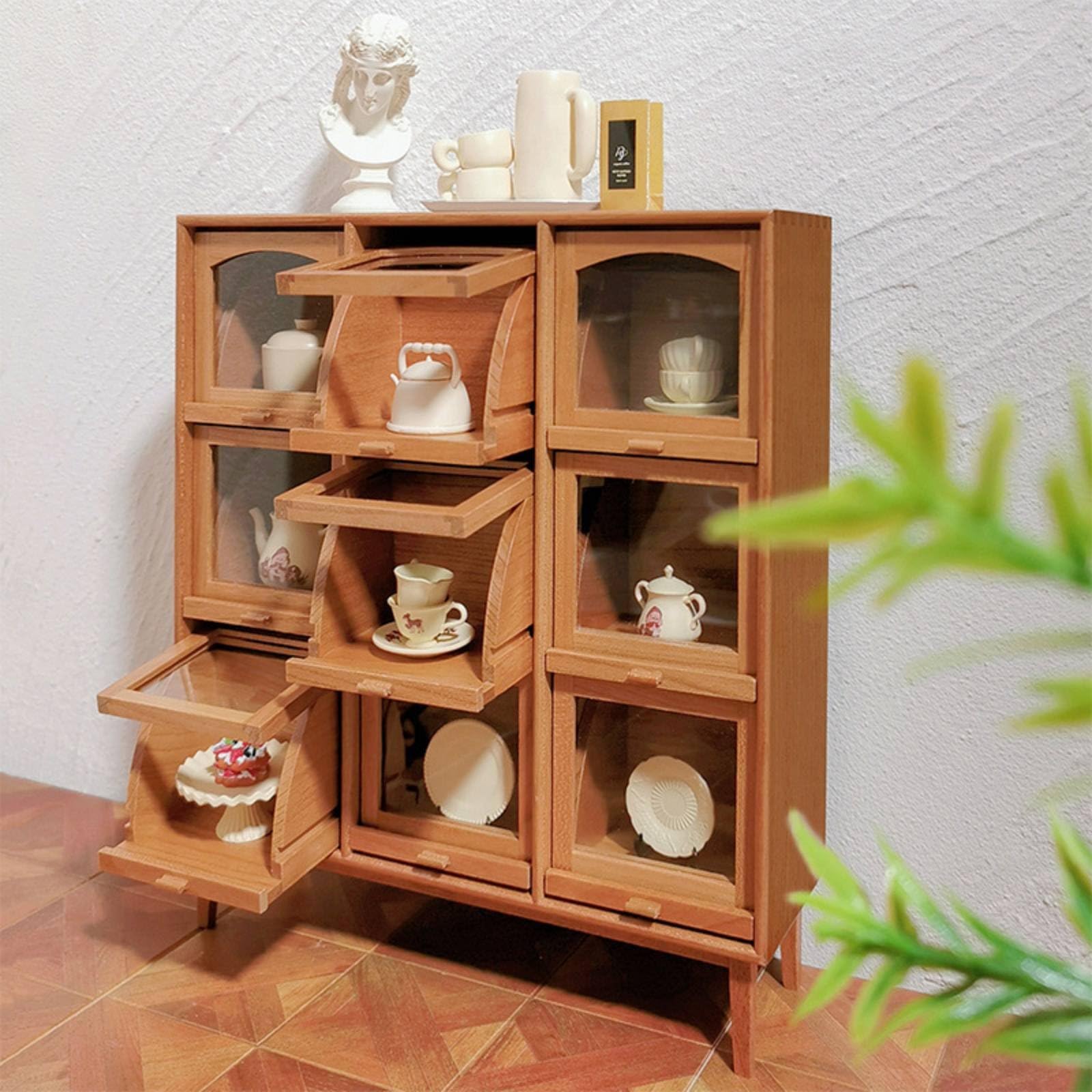Miniatura Armadietto Scaffale Vetrinetta Credenza Legno con 9 Scomparti per Accessori Stile Rustico Giapponese Adatto per Casa Delle Bambole 1 12, 178x58x207 Mm, style to 1