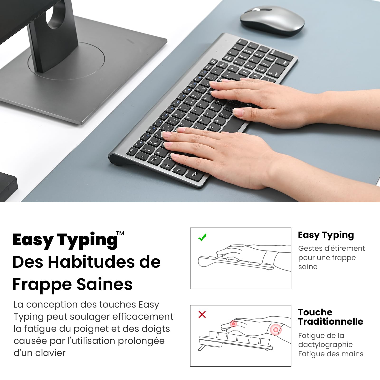 Ensemble Clavier et Souris sans Fil, cimetech Claiver AZERTY Français, Combo Clavier et Souris, Set Silencieux avec Récepteur Nano USB 2.4GHz, Compatible avec Windows/MacOS, Windows PC Laptop - Gris