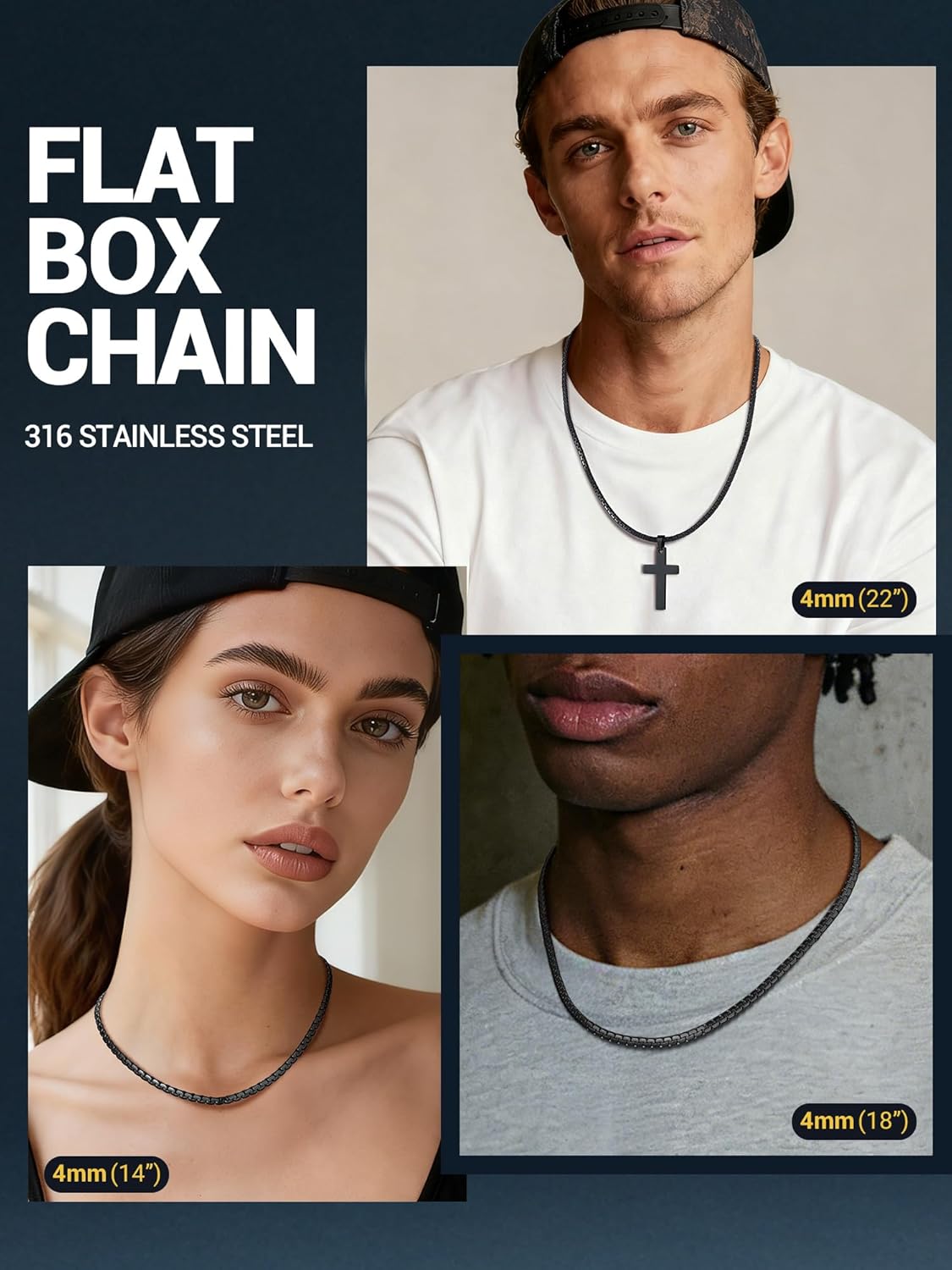 PROSTEEL Stylish Stainless Steel Flat Box Link Chain Necklace for Men, Silver/Gold/Black Tone, Hypoallergenic Jewelry, 14"-30", Come with Box