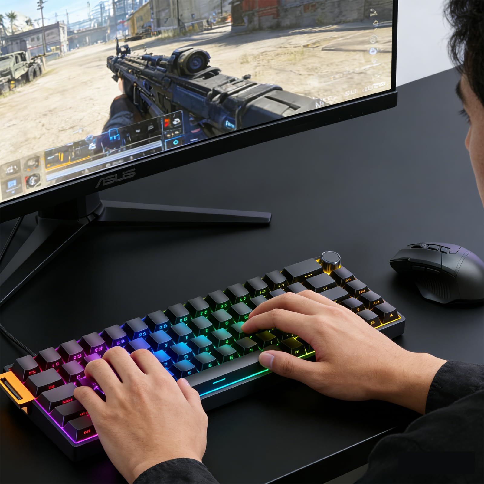OMOTON Aluminum Magnetic Switch Gaming Keyboard, 65% Compact Mechanical Keyboard Hall Effect with 0.01ms Response, Side-Printed PBT, Hot Swappable Wired Keyboard with Knob for FPS Gamers, Black — view 5