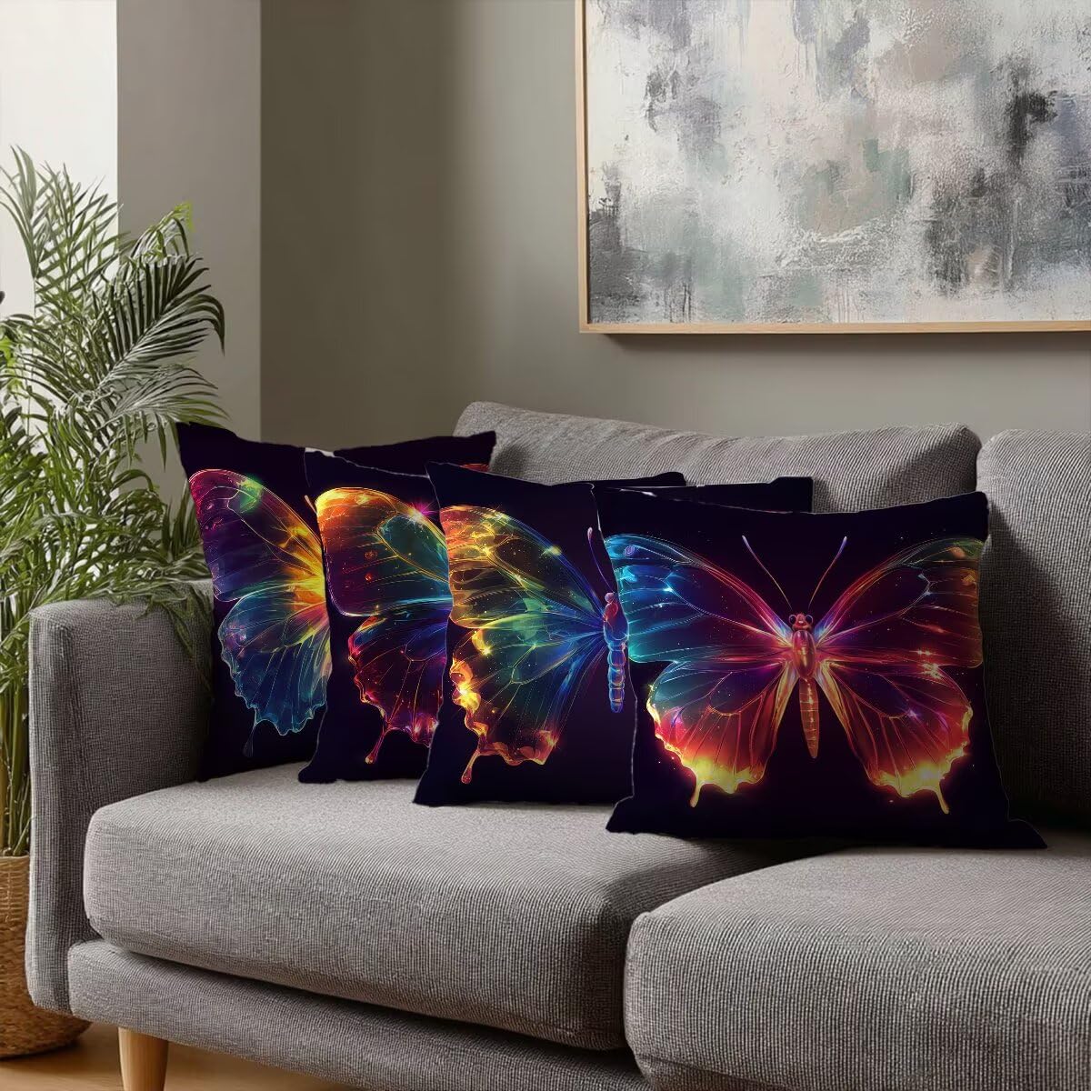 Federe Cuscini Divano 60x60 cm, Colorato Cuscini per Divano, Velluto Federe Cuscino Letto Impermeabili Set da 4, Copricuscini Farfalla Motivo con Cerniera Invisibile Design per Sofá, Regalo Donna F-37