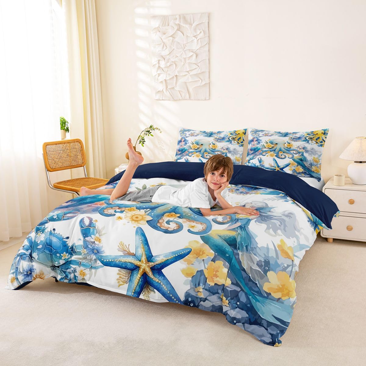 Homewish Set di biancheria da letto per letto super king size con motivo a tentacoli di polpo e sirena, con delfini, stelle marine, aragoste, animali