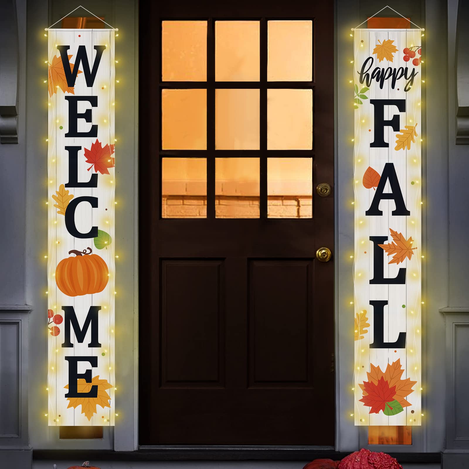 Photo 1 of CiyvoLyeen Fall Porch Sign with String Light Welcome Happy Fall Hanging Door Sign Porch Banner Pumpkin Front Porch Door Yard Hanging Signs Rustic Fall Thanksgiving Party Outdoor Indoor Decoration