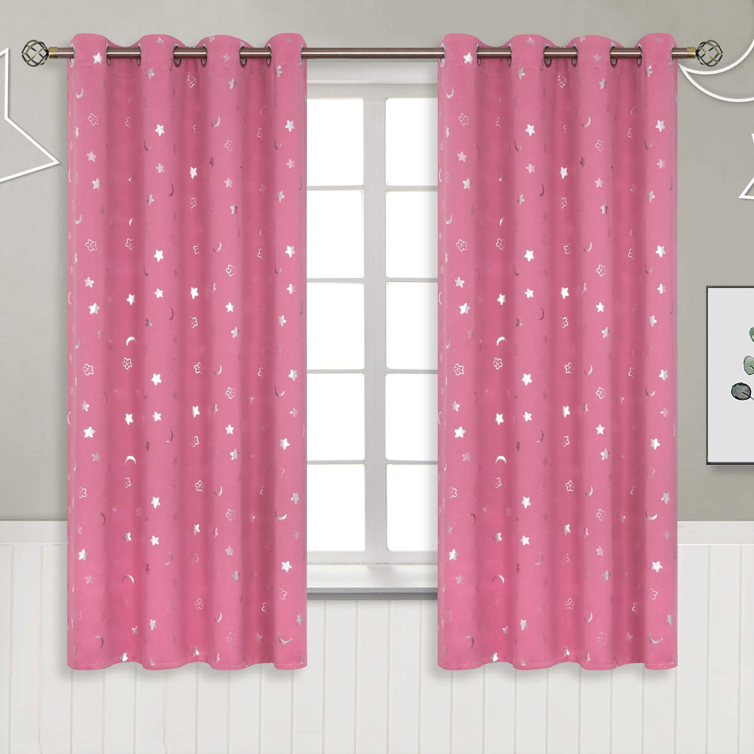 BGment Pink Blackout Curtains 63 Inch Length, Nursery Curtains for Girls Kids Bedroom, Star and Moon Thermal Insulated Room Darkening Window Drapes with Grommet for Babys, 2 Panels, 52 Wide