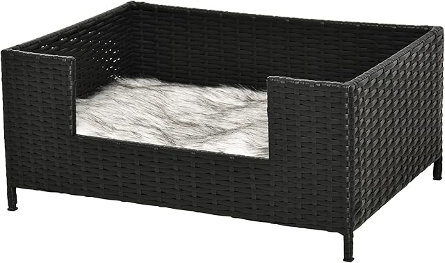 PawHut Rattan Dog Sofa with Soft Cushion, Raised Pet Bed Cat Chair Couch with Soft Washable Cushion, Indoor Outdoor Use, for Mini and Small Sized Dogs - Black