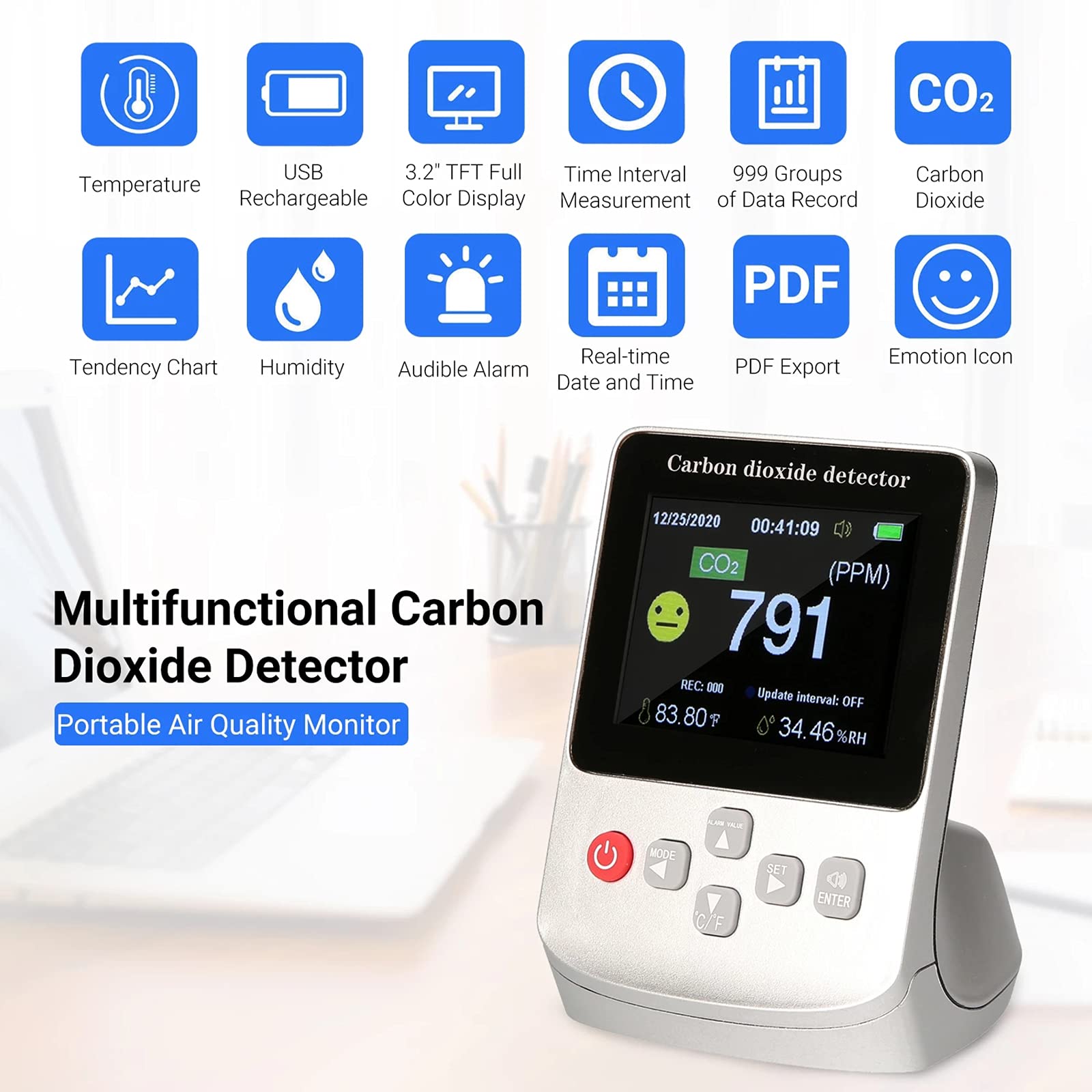 Monitor De Calidad del Aire Probador De CO2 Medidor Recargable De CO2 / Temperatura/Humedad Relativa Detector De Dióxido De Carbono con Temperatura Y Humedad para Uso Doméstico