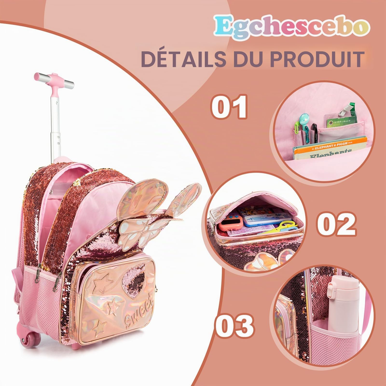 Sac a Dos Grandes Oreilles Enfant Roulette Fille Primaire Valise École Maternelle Sacs à D'école pour Voyage Cabine de Bagages 3PCS Ensemble Grand Cartable Étudiant Simple Perles Champagne