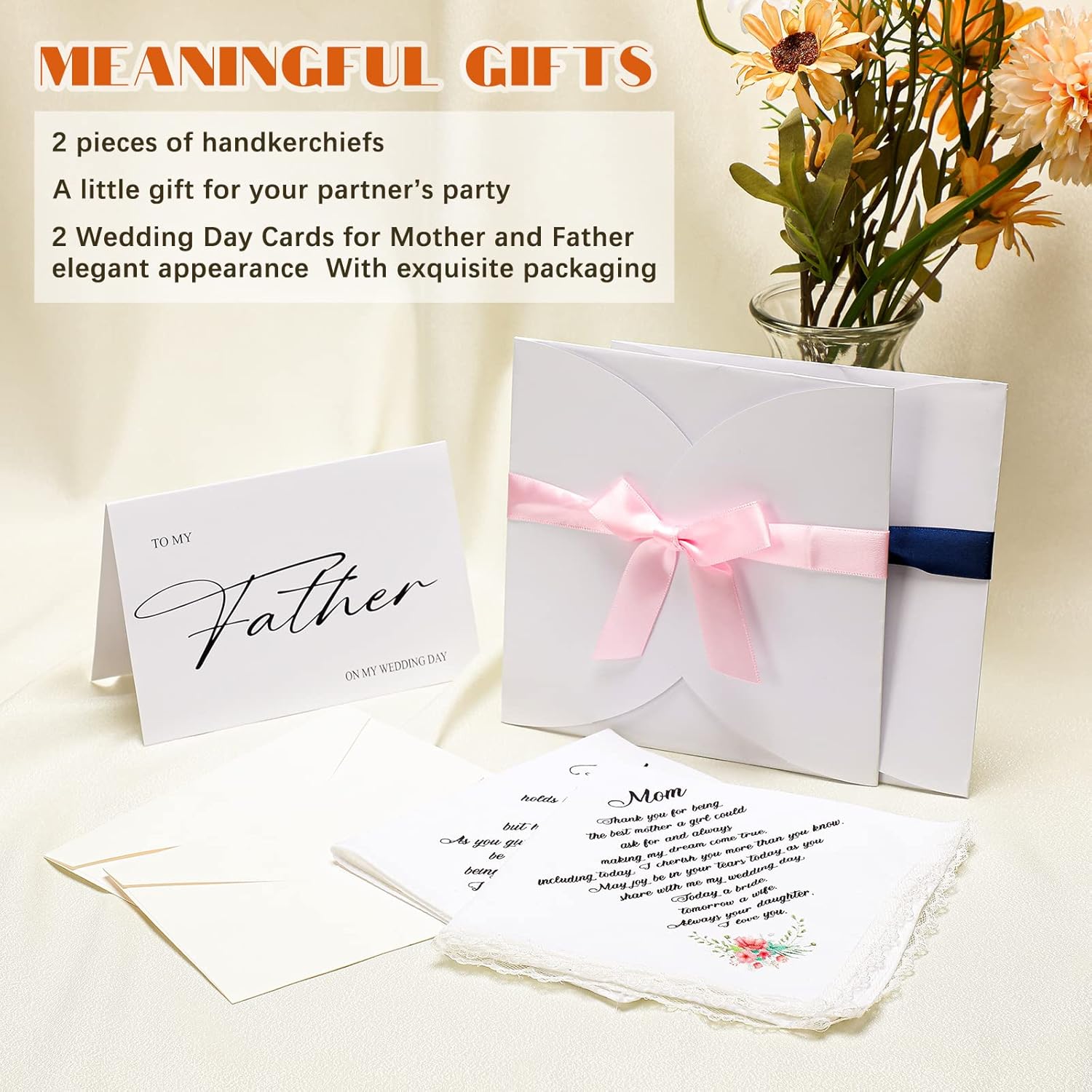 Sherr Wedding Handkerchiefs Mother of the Bride, Father of the Bride Gifts from Daughter Son, Wedding Day Card Wedding Gifts - Image 3