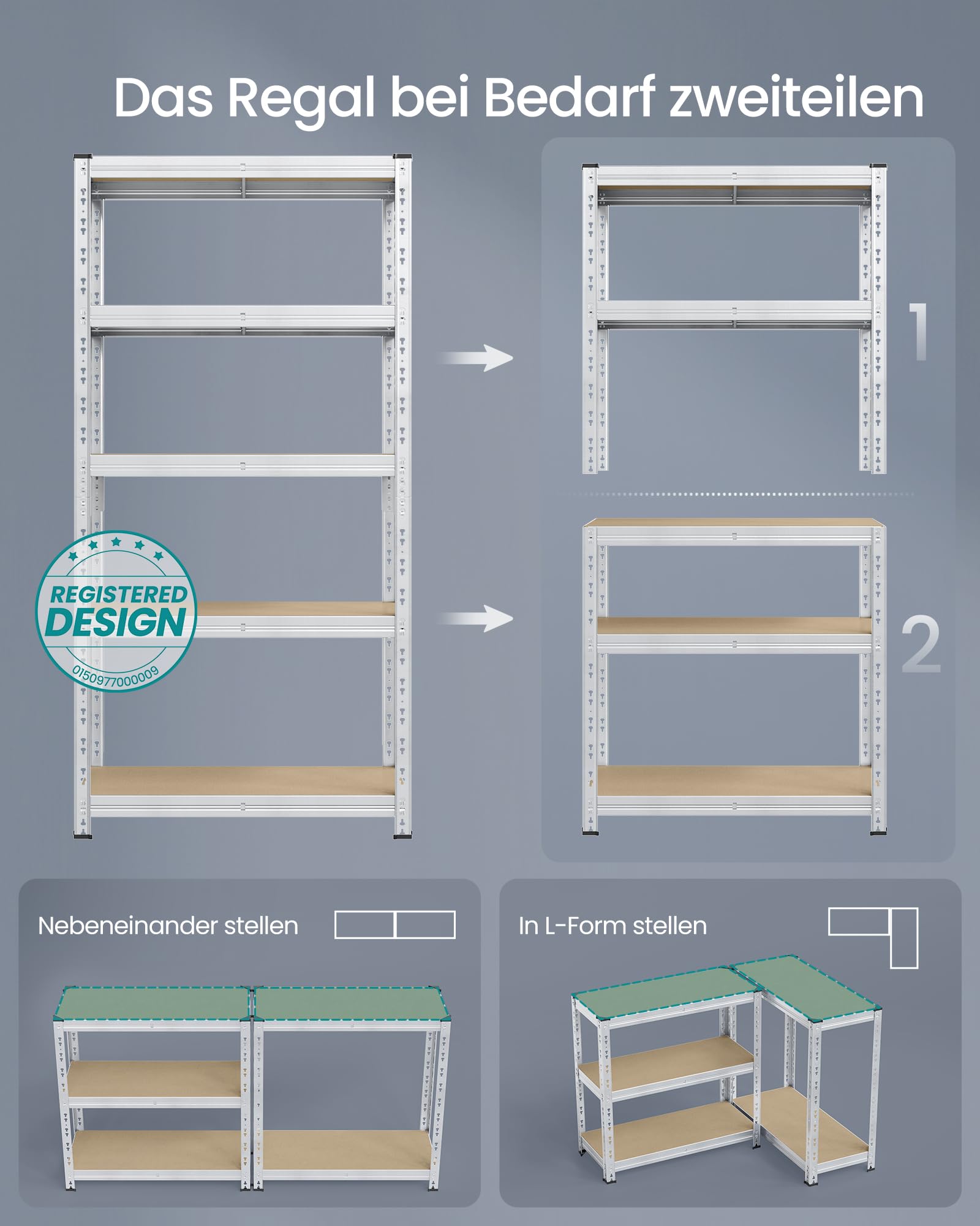 SONGMICS Schwerlastregal, 2er Set, Kellerregal, 40 x 90 x 180 cm, bis 875 kg belastbar, einfache Montage, Lagerregal, verstellbare Ablagen, Lagerregal, silbern GLR455E01