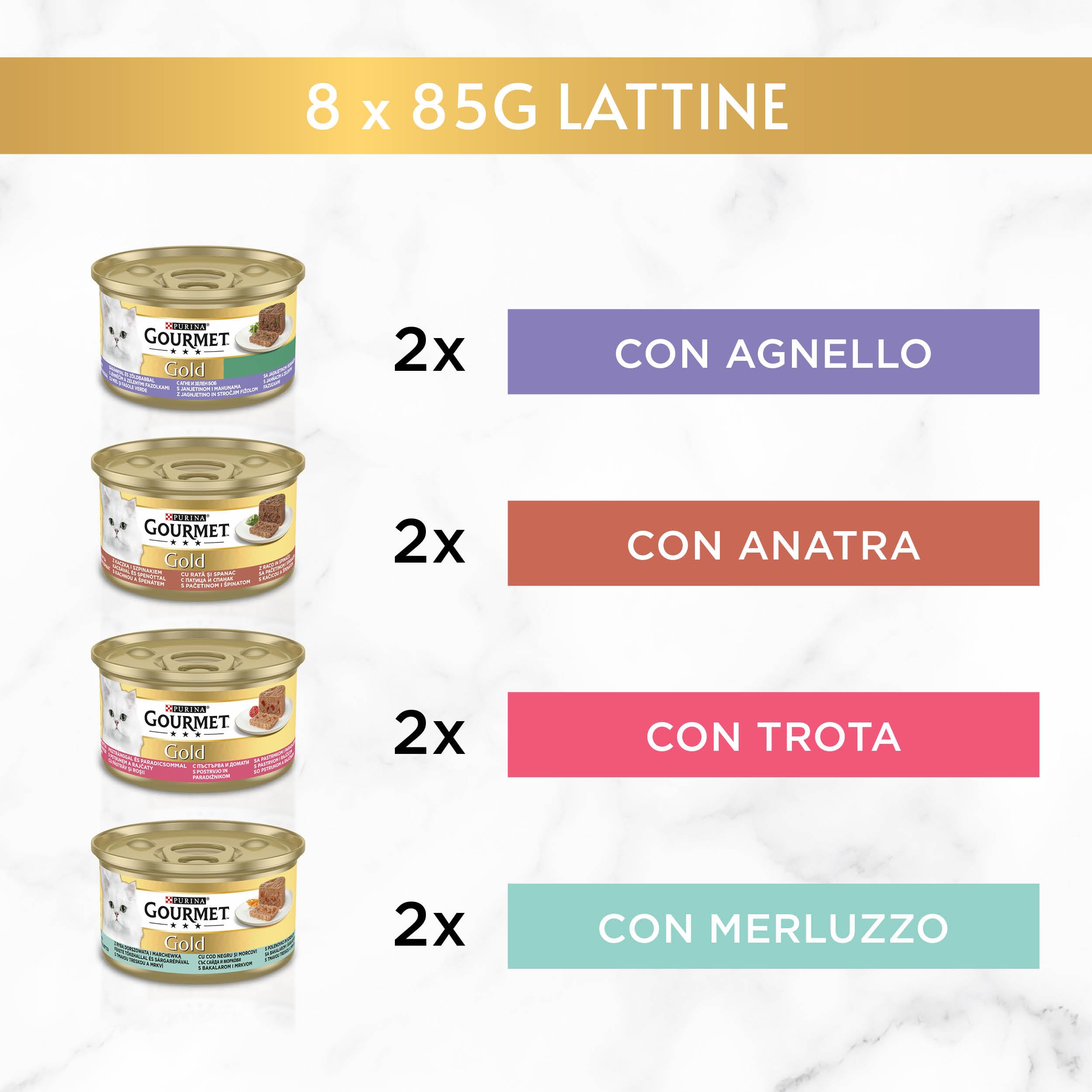 Purina Gourmet Gold-Mousse mit feuchtem Gemüse, Katze, Lamm, Ente, Trot, Kabeljau, 96 Dosen à 85 g