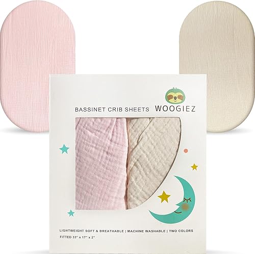 Woogiez Sábanas de muselina para moisés (paquete de 2) y caja de regalo, sábanas universales de 100 % algodón para colchón de cuna rectangular,