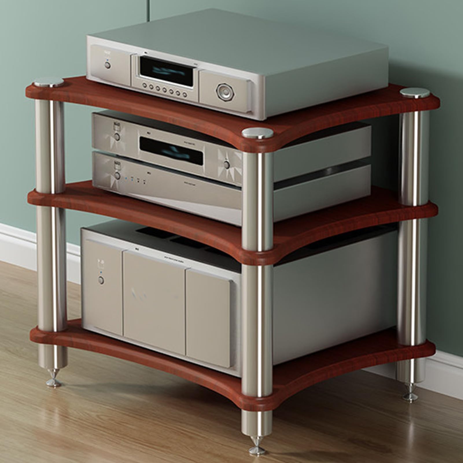 Support de lecteur de disque marron à 3 niveaux et meuble d'angle multimédia hifi de 61 cm
