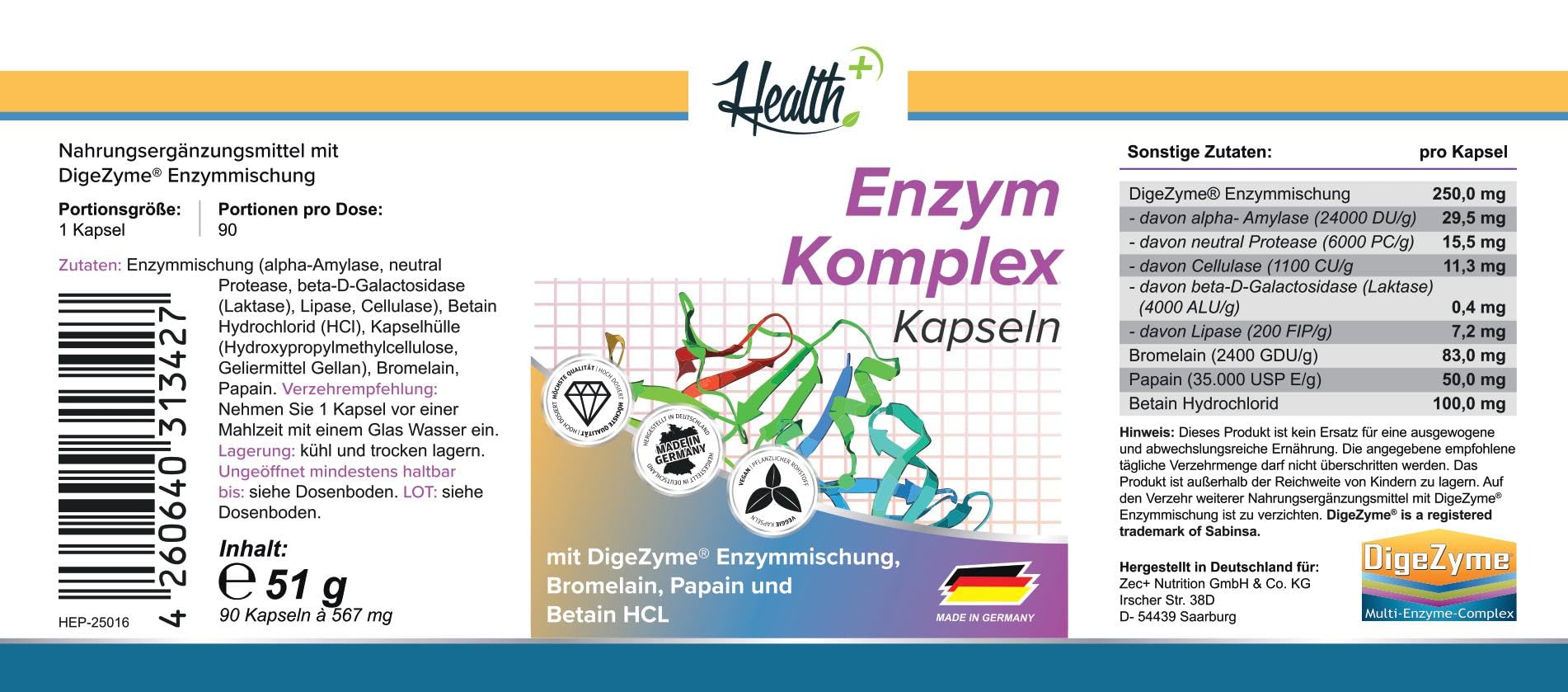 HEALTH+ Enzym Komplex - 90 Kapseln, 8-Fach Enzym-Mix aus essentiellen Enzymen inkl. Bromelain, Papain und Betain HCL