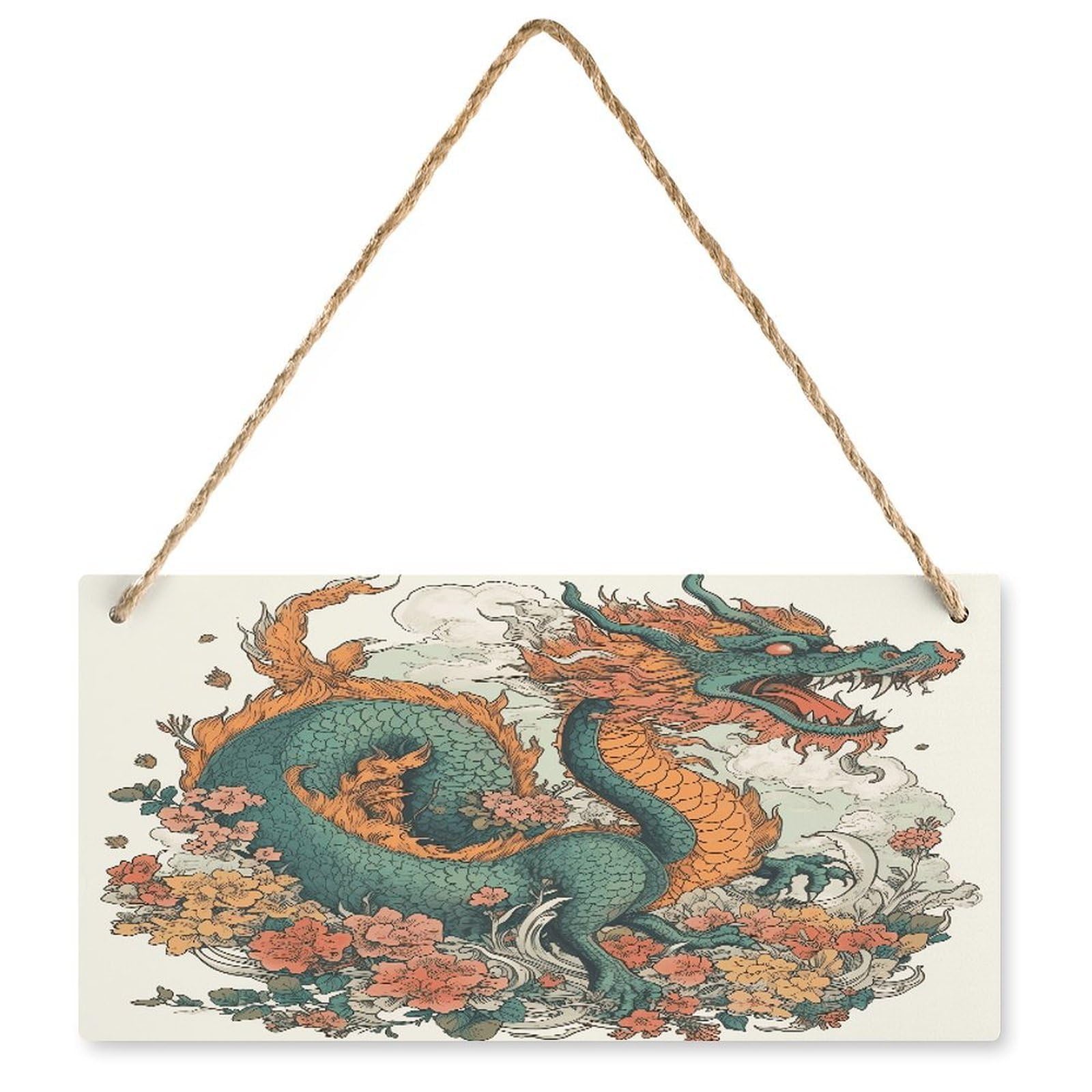Fodpand Style Flowers And Dragons Wall Art Wooden Hanging Sign Decor, Artwork For Wall Decoration, Funny Plaque For Bedroom Kitchen Living Room Home Decoration 9.8 X 4.9 Inch
