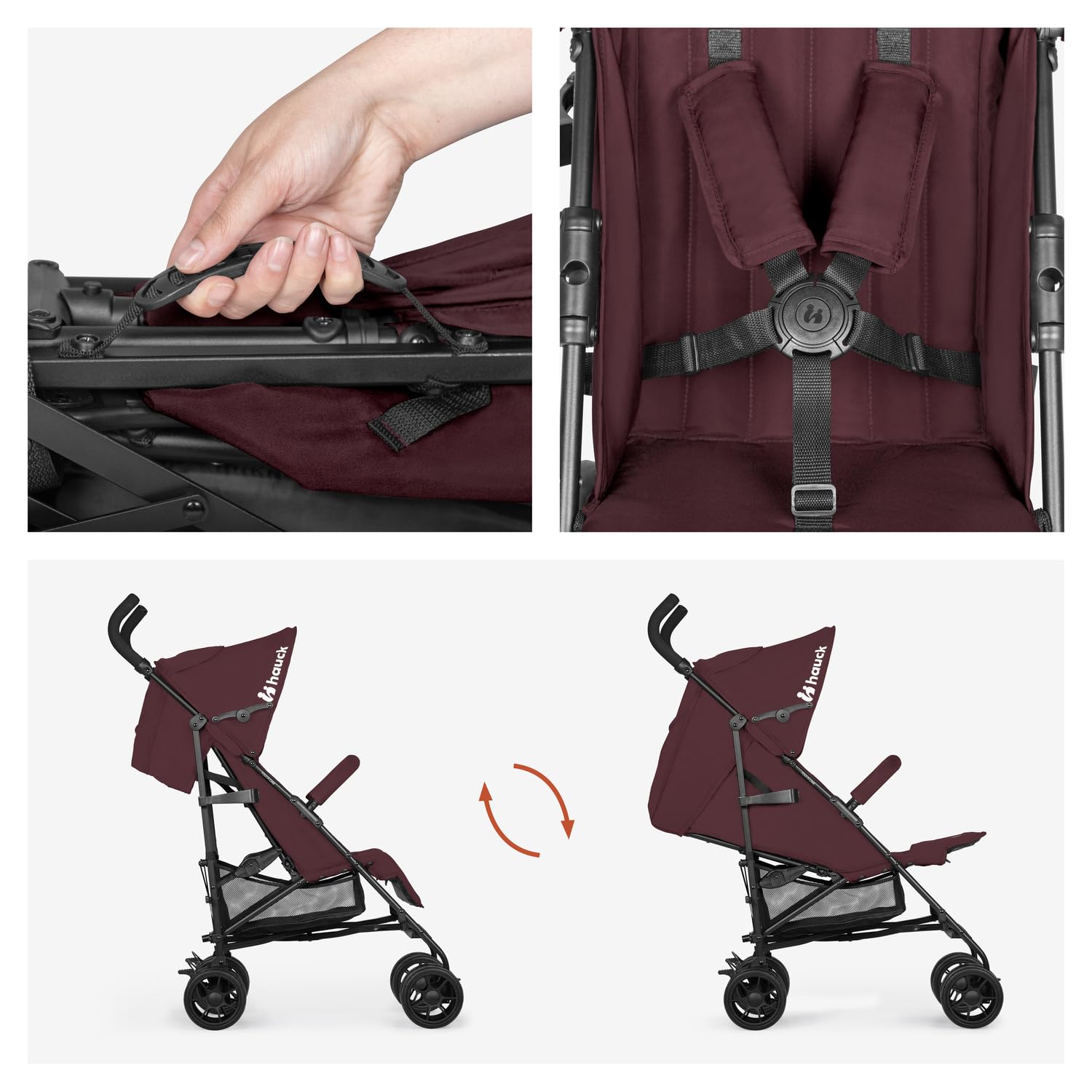hauck Fold N Care, Blackberry - Passeggino a Ombrello per Bambini da 6 Mesi fino a 22 kg, Pieghevole e Leggero (7,6 kg), Schienale Reclinabile, Cappottina UPF 50+, Cesto XL, Ruote EVA Piroettanti