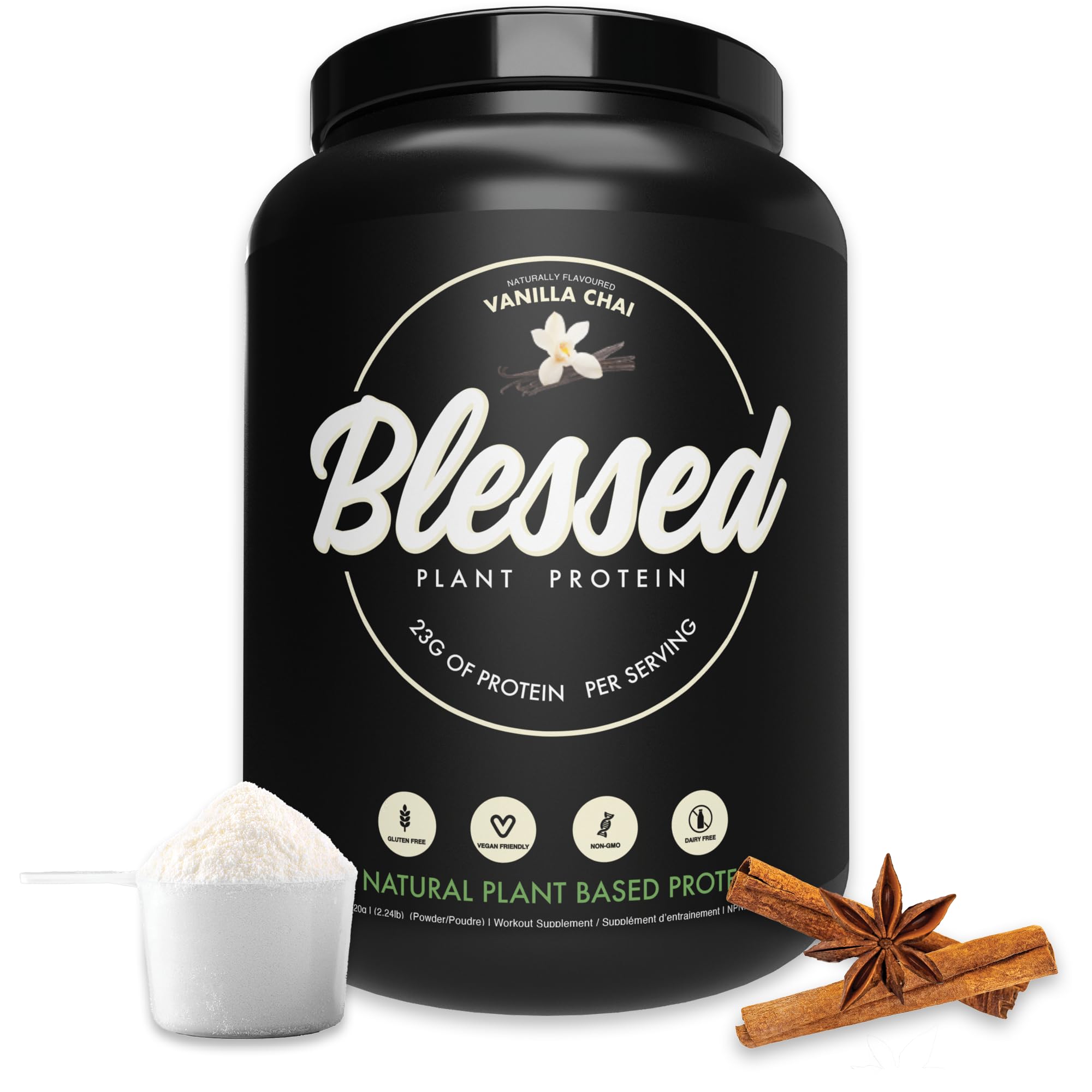 Blessed Vegan Protein Powder - Plant Based Protein Powder Meal Replacement Protein Shake, 23g of Pea Protein Powder, Dairy Free, Gluten Free, Soy Free, No Sugar Added, 30 Servings (Vanilla Chai)