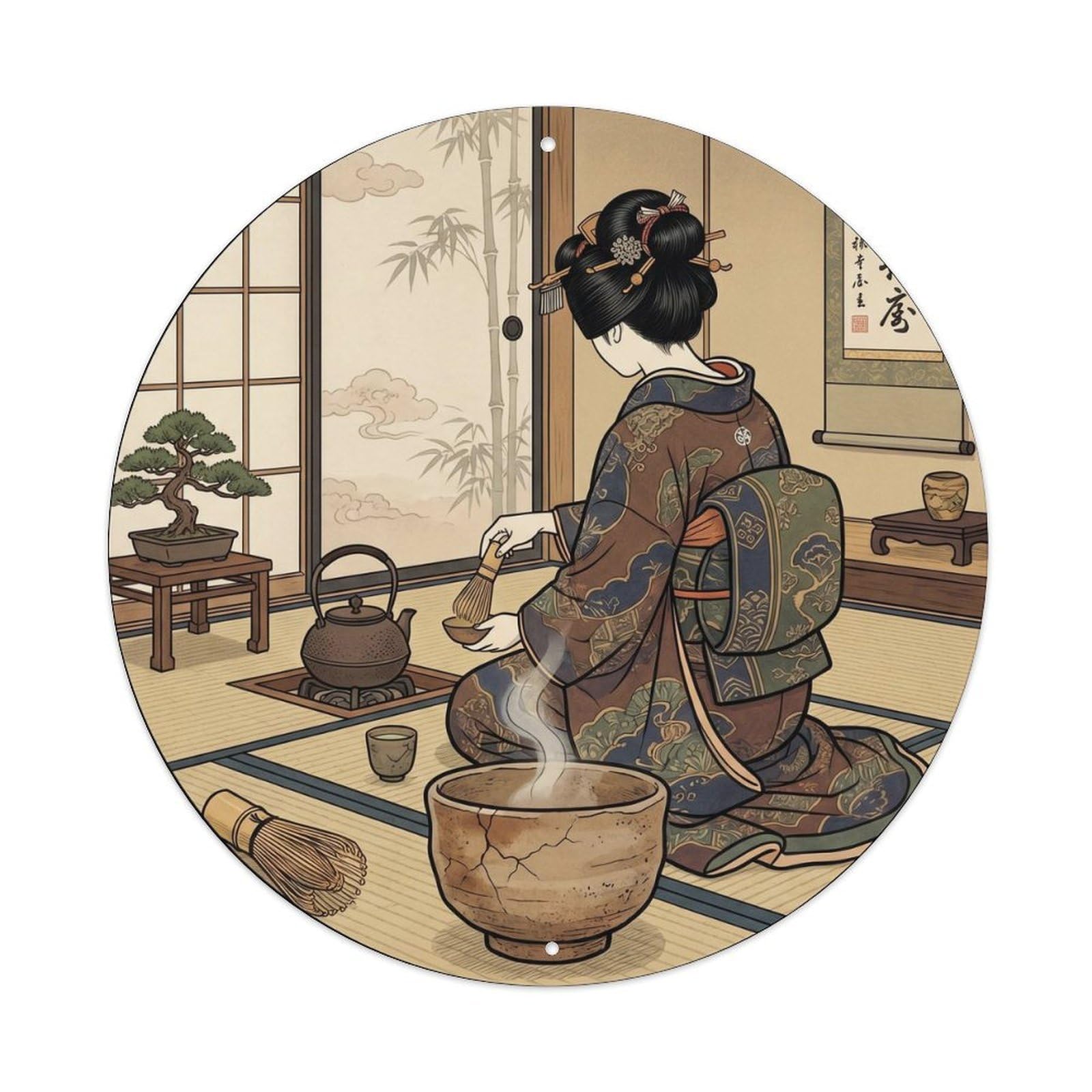 Japanese Geisha Tea Bowl Zen Tranquility Metal Tin Sign