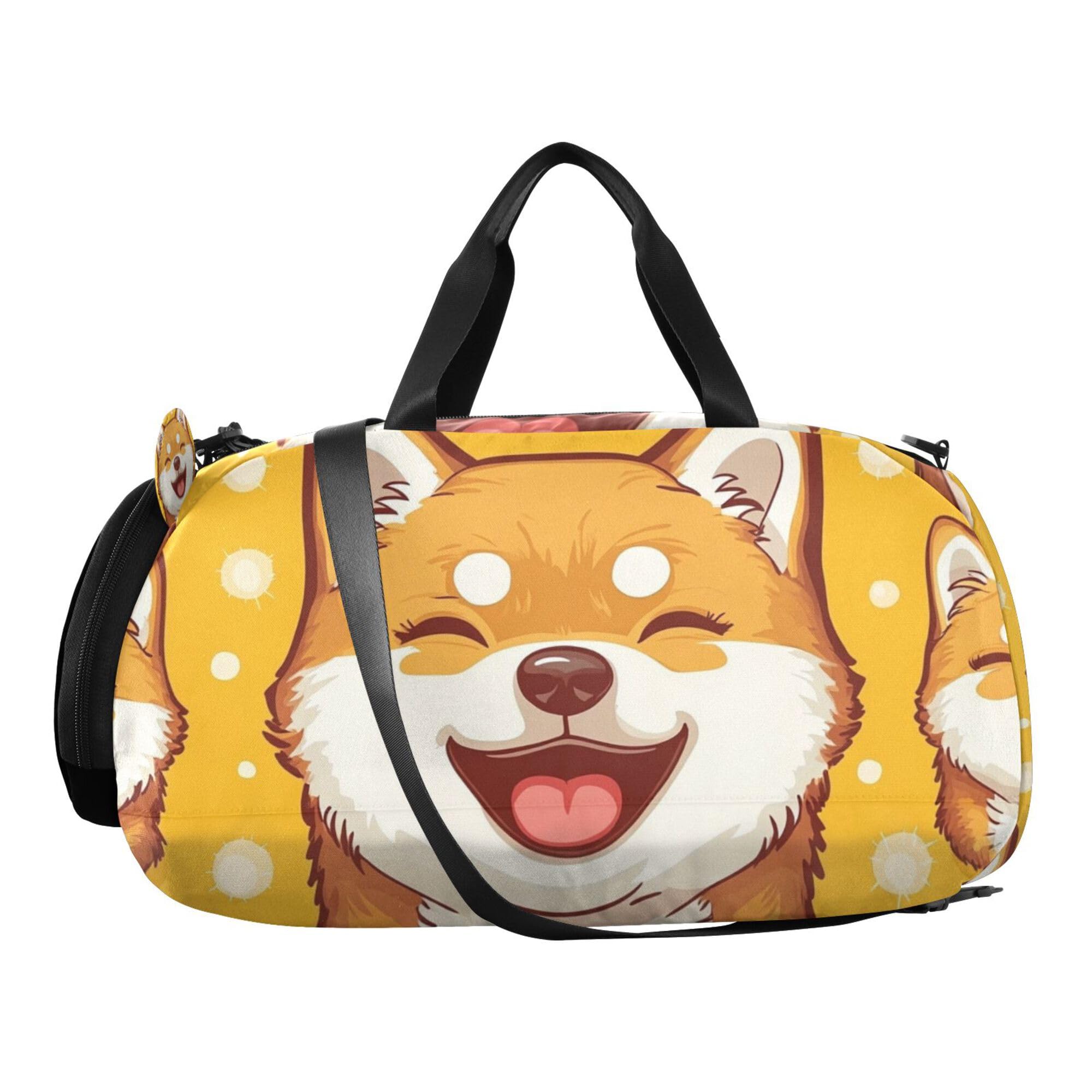 Glaphy Cute Shiba Inu Dog Duffle Bag for Toddler Boys Girls, Gym Sports Bag with Shoe Compartments, Kids Travel Overnight Weekender Shoulder Bag
