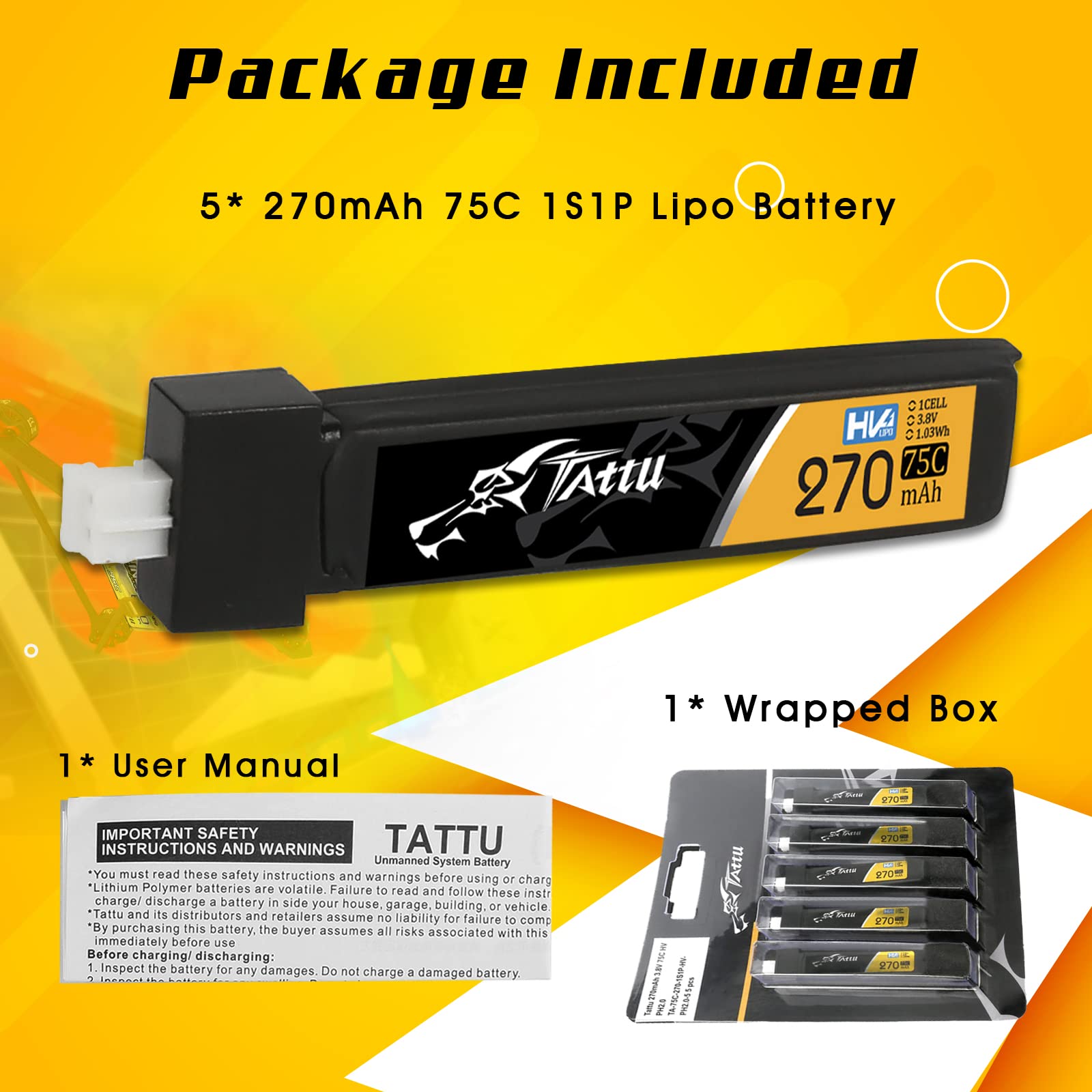 Tattu 1S Lipo Akku 270mAh 3.8V 75C 1S1P HV Lipo Akku Pack mit PH 2.0 Stecker für Eachine UK65/US65 (5PCS)