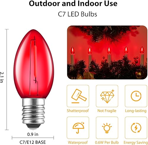 Vista 38 de Bombilla LED verde C7 de repuesto para Navidad, bombillas E12 C7 inastillables de repuesto, bombillas regulables de grado comercial para Navidad