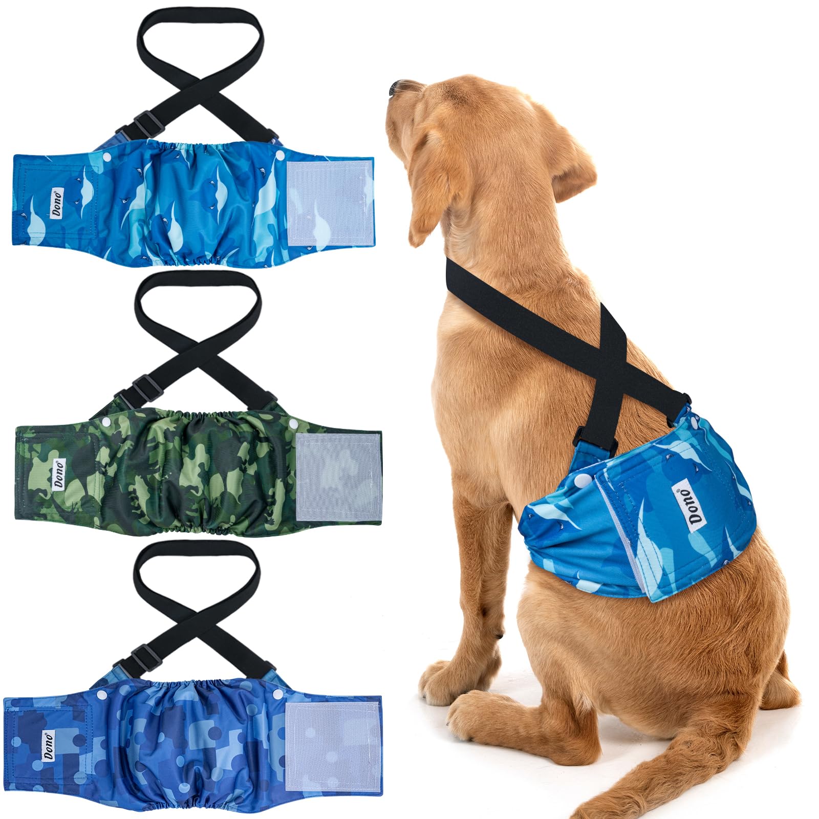 Dono Reusable Belly Bands for Male Dogs with Suspender, 3 Pack Washable Dog Diapers Male, High Absorbency Male Dog Wraps, Leakproof Doggie Puppy Doggy