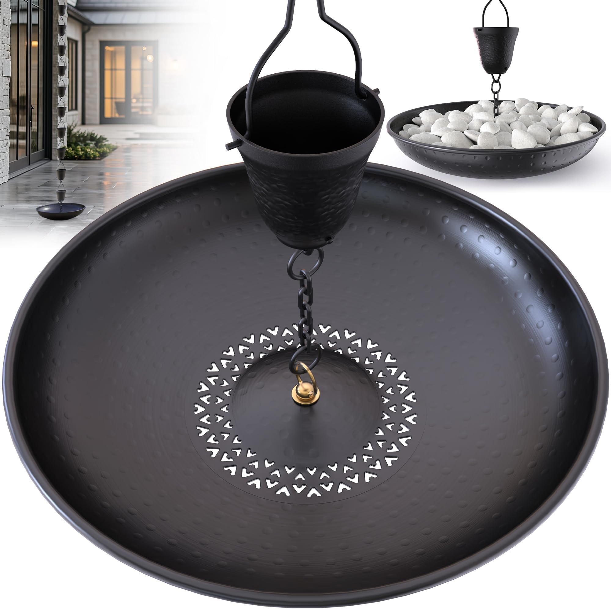 Rain Chains Direct - 15.25” (inches) Hammered Rain Chain Anchoring Basin with Drain to Prevent Standing Water and Soil Erosion
