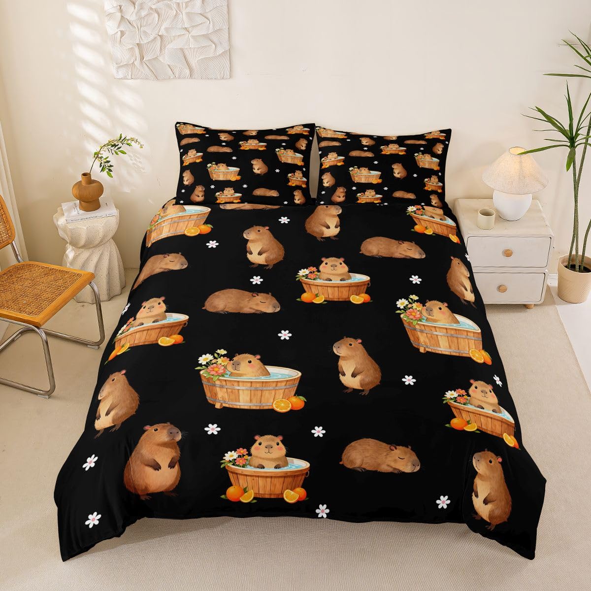 Homewish Kids Capybara Bedding King Cute Capybaras Duvet Cover Set - Rustic Daisy Florals Quilt Cover for Teens Girls Room Decor - Kawaii Rodent Animals Themed Bed Set with 2 Pillowcases
