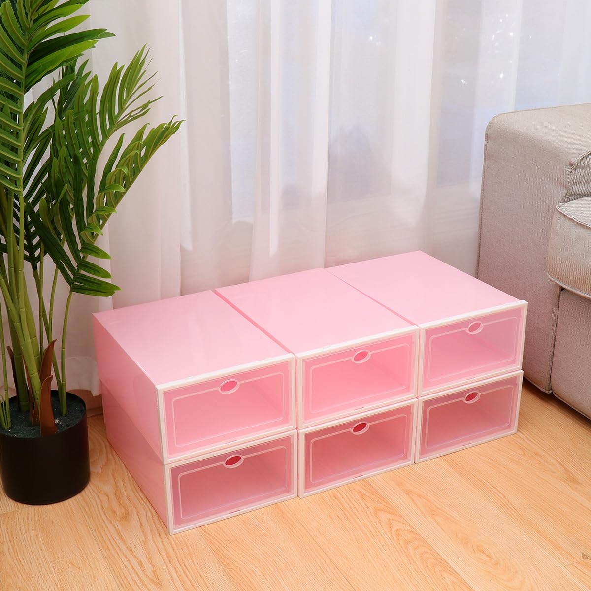 Scatole per Scarpe in Plastica Rosa Impilabili Trasparenti con Cornice Bianca, Organizer per 6 Paia di Scarpe, Design e Porta Trasparente per