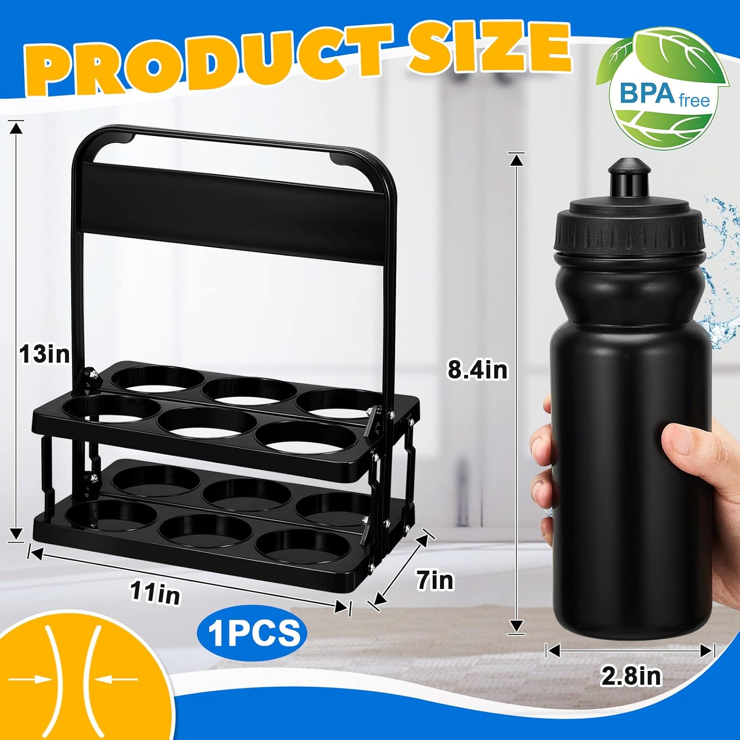 Water Bottle Carrier with 6 Bottles 20 oz Wide Mouth Water Bottles Plastic Sports Water Bottle Squeeze Water Bottles with Black Lid Team Water Bottles with Carrier for Fitness Bike Gym (Black)