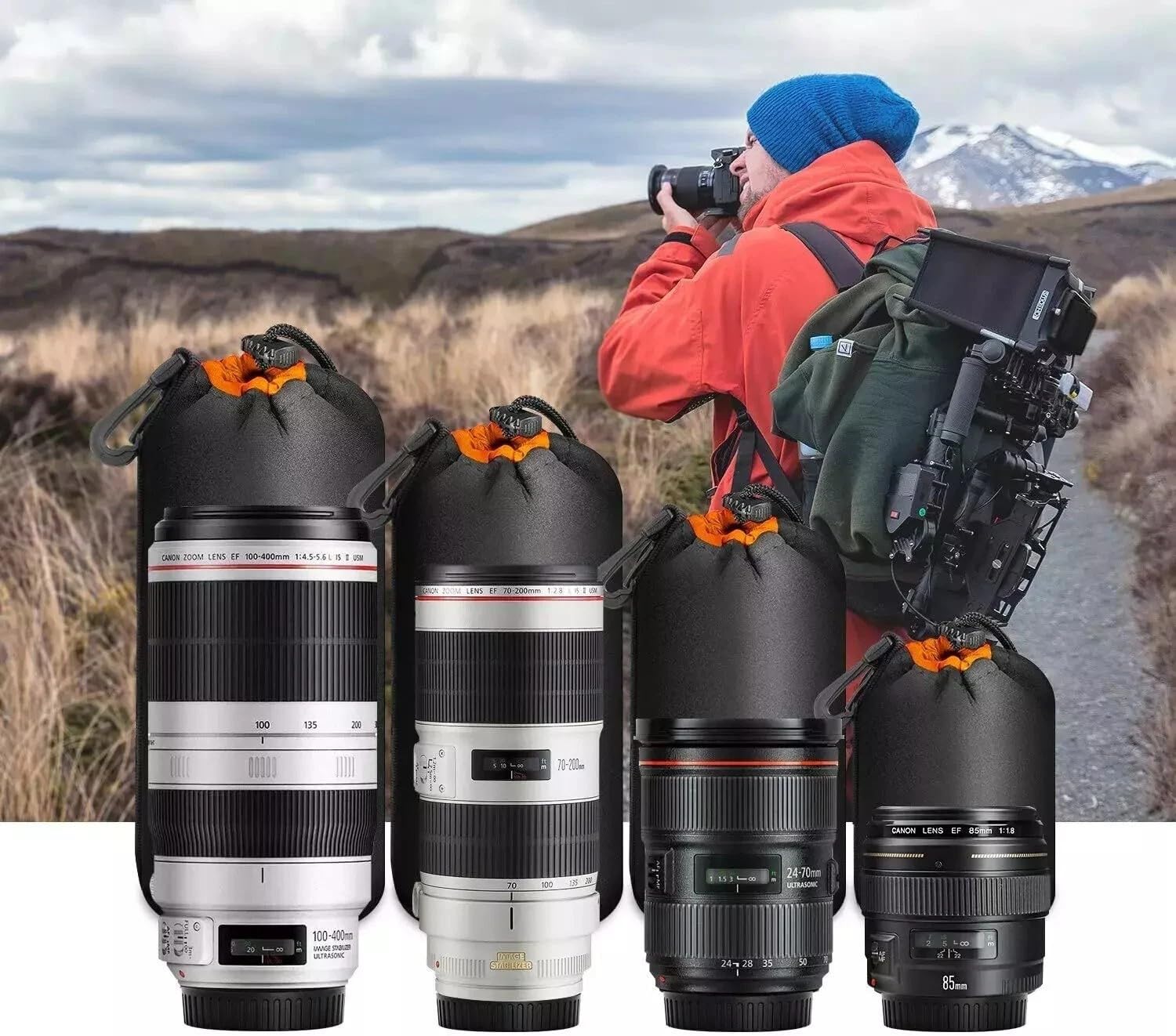 Set di 4 custodie per obiettivo della fotocamera, in neoprene spesso 4 mm con fodera in morbido velluto, borse impermeabili con coulisse con moschettone e passante per cintura, S/M/L/XL per