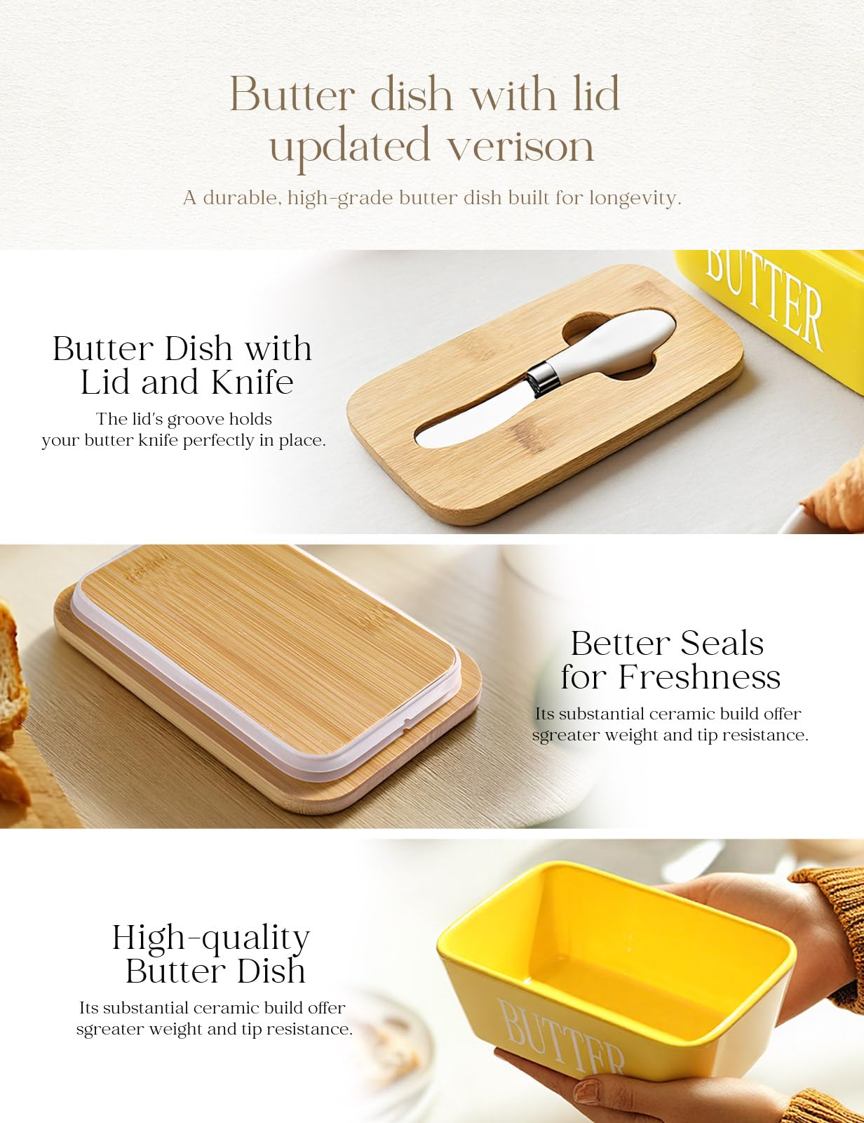 Ceramic Butter Dish with Lid and Knife Silicone Seal for Countertop Yellow 2
