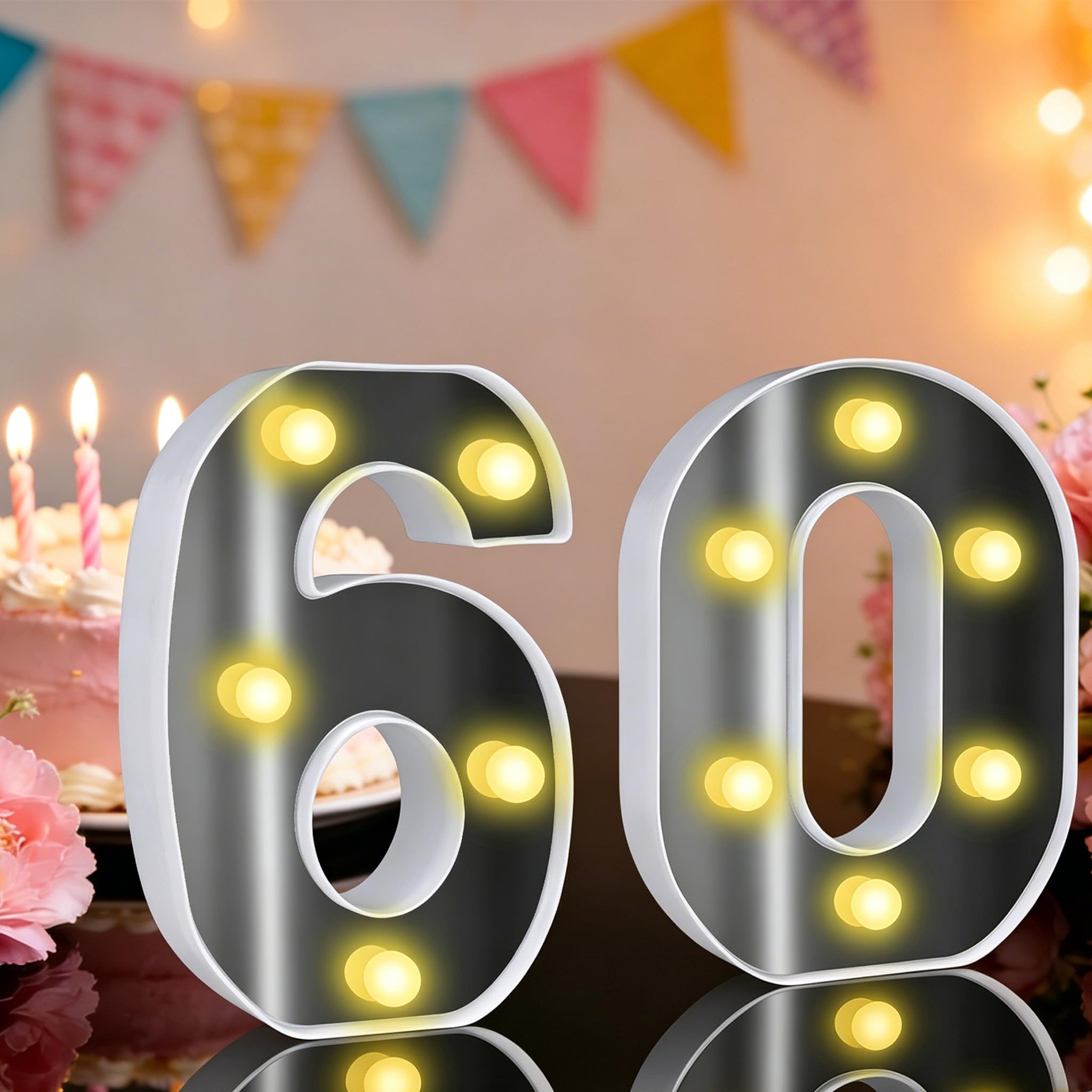 Light up Numbers, 6.3in Light up 60 Number, 60th Birthday Decorations, Marquee Number Sign for Birthday Party Wedding Anniversary Home Decor (60)