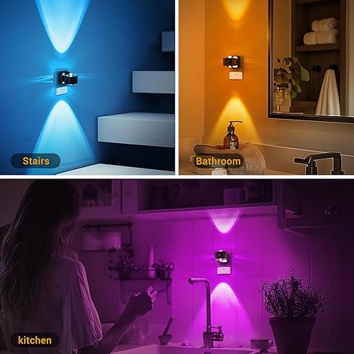 Miniatura 8 de JandCase Luces nocturnas enchufables a la pared, luz nocturna cambiante de 10 colores para niños, 2 unidades de enchufe giratorio de 180 RGB LED luz