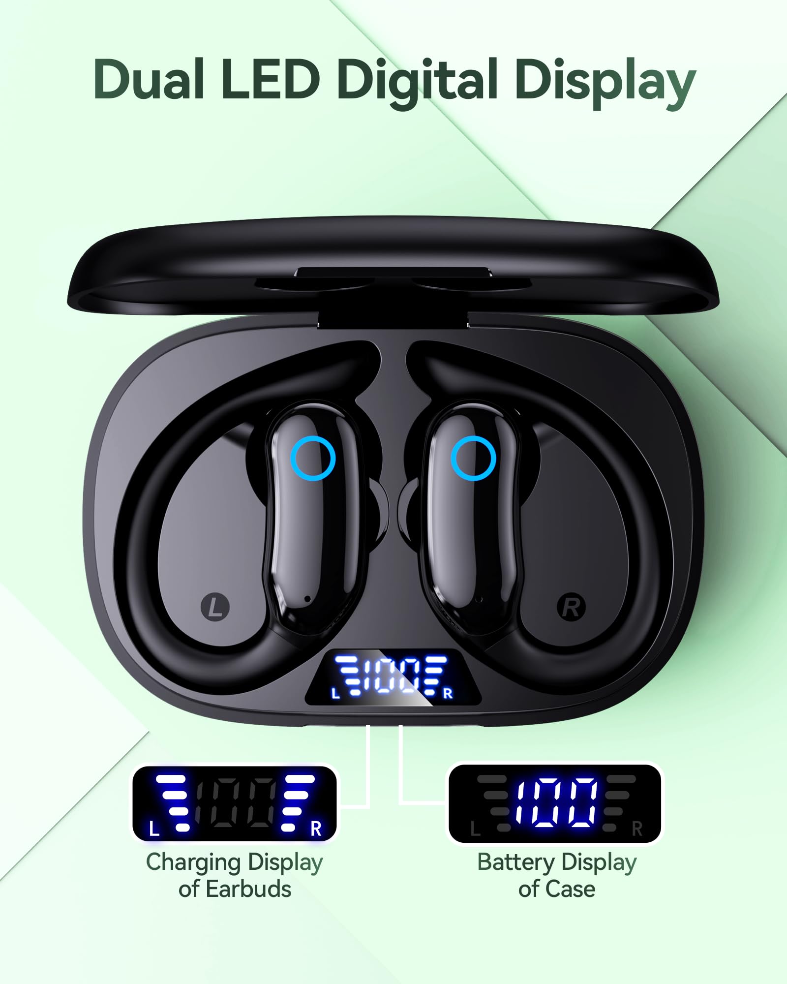 GNMN Active Noise Cancelling Ear Buds Wireless Earbuds 96hrs Playback Bluetooth Headphones Dual Battery Display Stereo Bass Earphones with Earhooks Microphone IPX7 Waterproof for Sports/Workout — view 4