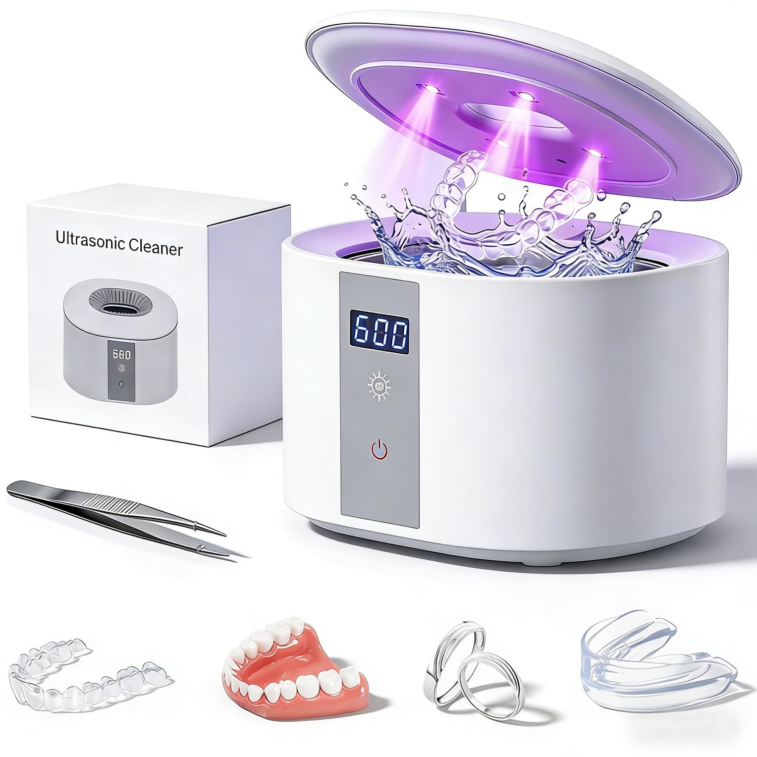 Dental Ultrasonic Retainer Cleaner Machine, 45kHz Ultrasonic Denture Cleaner with 200ML Capacity & 4 Modes for Dentures, Retainers, Mouth Guard, Toothbrush Heads, Jewelry-White