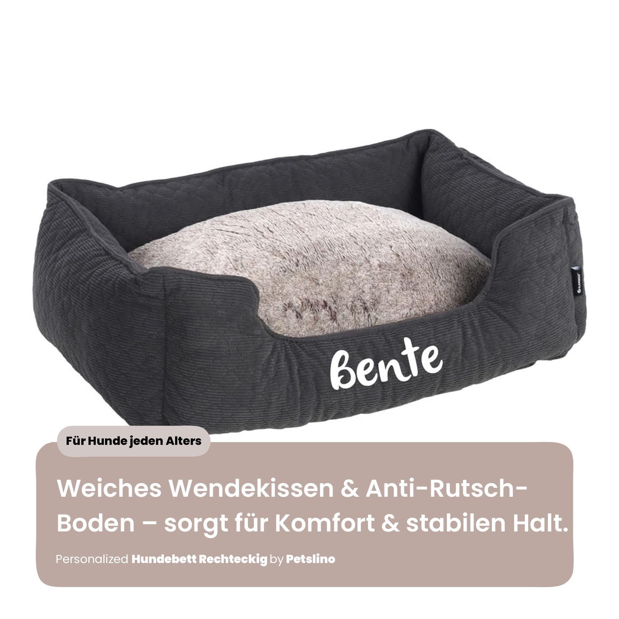 Personalizable cama para perro rectangular 100×80×25 cm Gris Oscuro–suave & cómoda con cojín reversible–base antideslizante & funda lavable –ideal para perros grandes–personalizada con nombre–Petslino