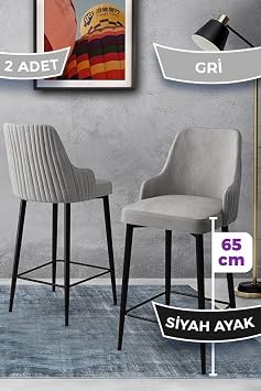 Tera Serisi 2 Gri Sandalye, 65 cm, Ada Mutfak Bar Sandalyesi, Babyface Kuma , Siyah Metal Ayakl