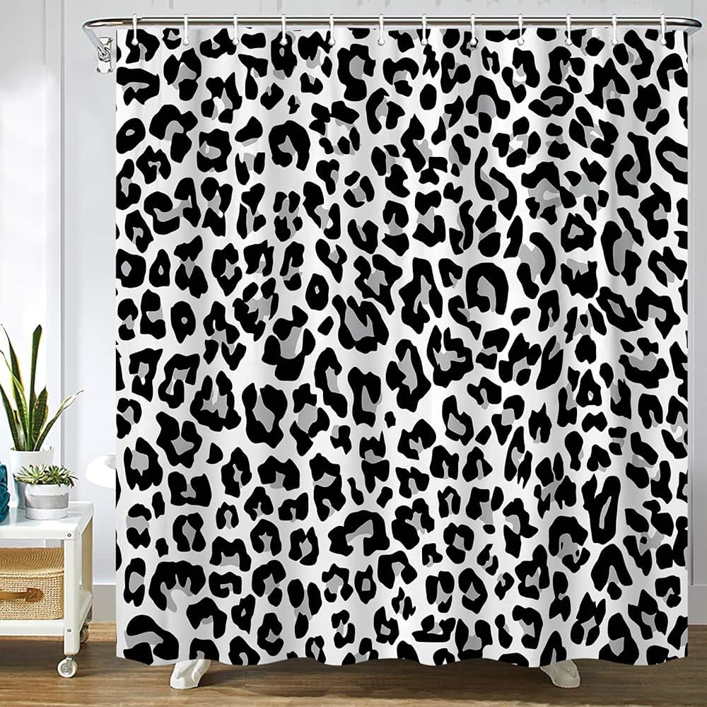 GardEssere Grey Leopard Print Curtain with 12 Hooks Snow Cheetah White Animal Pattern Fur Shower Curtains for Bathroom Decor Waterproof Bath Curtain Set 153X183 CM