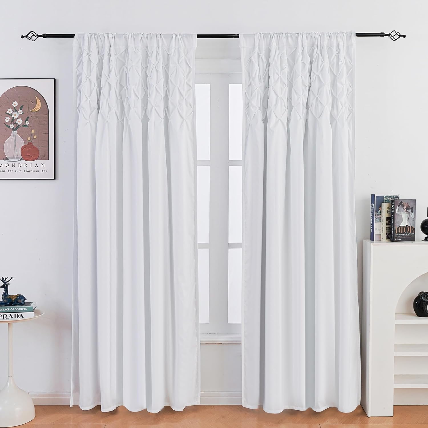 Ruffle Pintuck Diamond Textured Window Curtains, Thermal Insulated 100% Blackout Window Curtains, Traditional Glam & Farmhouse Window Decor (White, 52" W x 84" L)