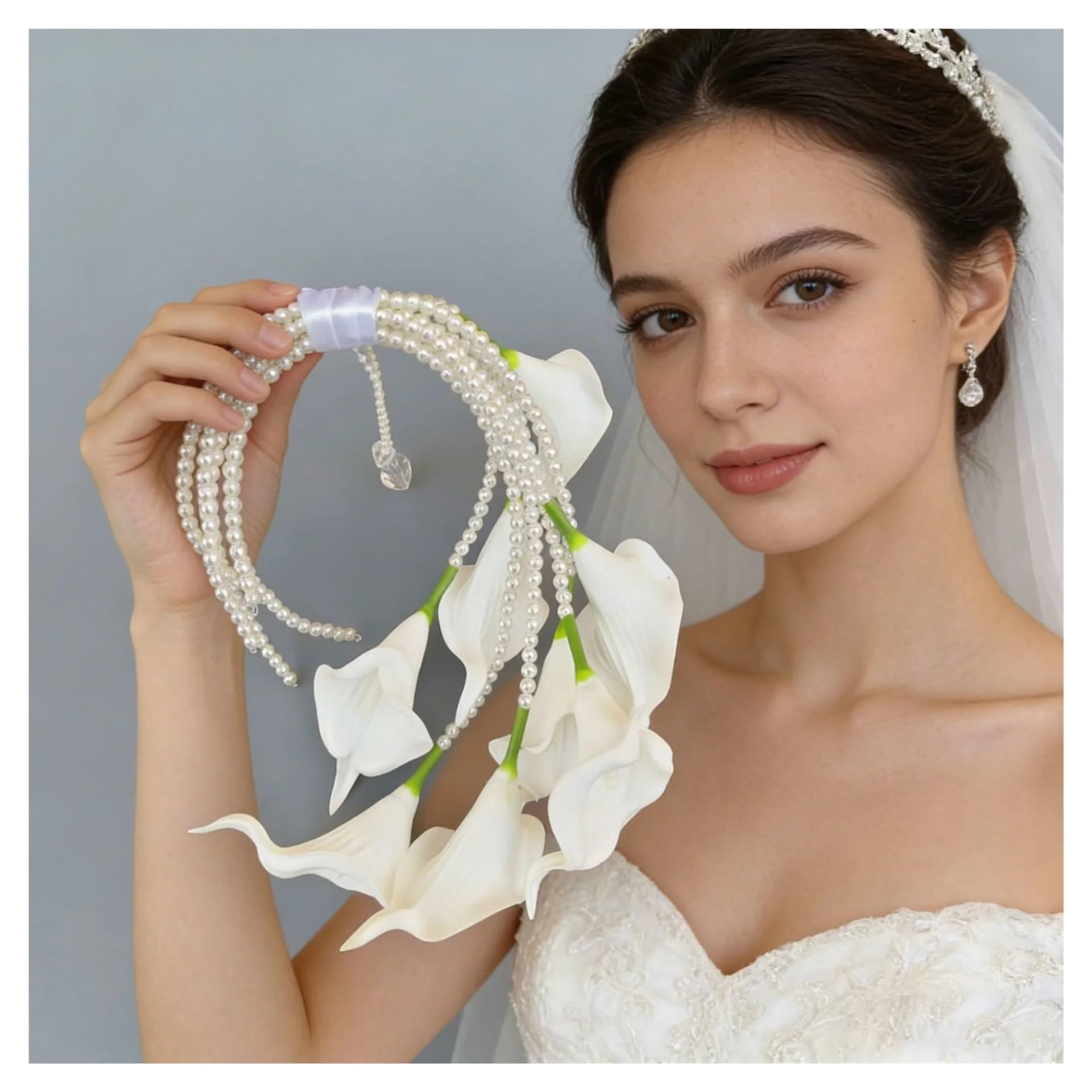 Gijmzy White3 Butterfly Orchid Pearl Tassel Bridal Bouquet